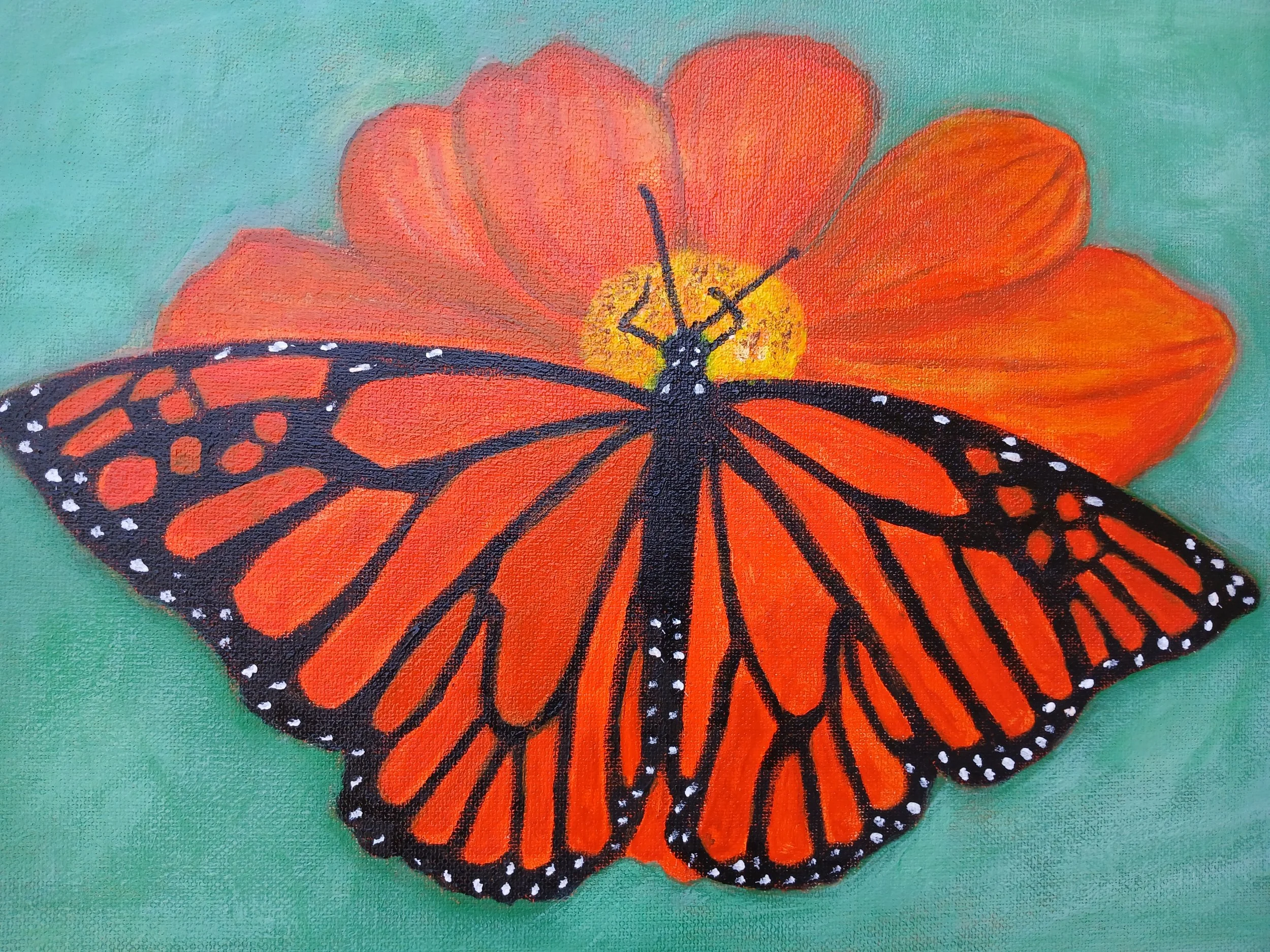 Hand-painted image of a Monarch butterfly with orange and black wings resting on a bright orange flower with a yellow center against a green background.