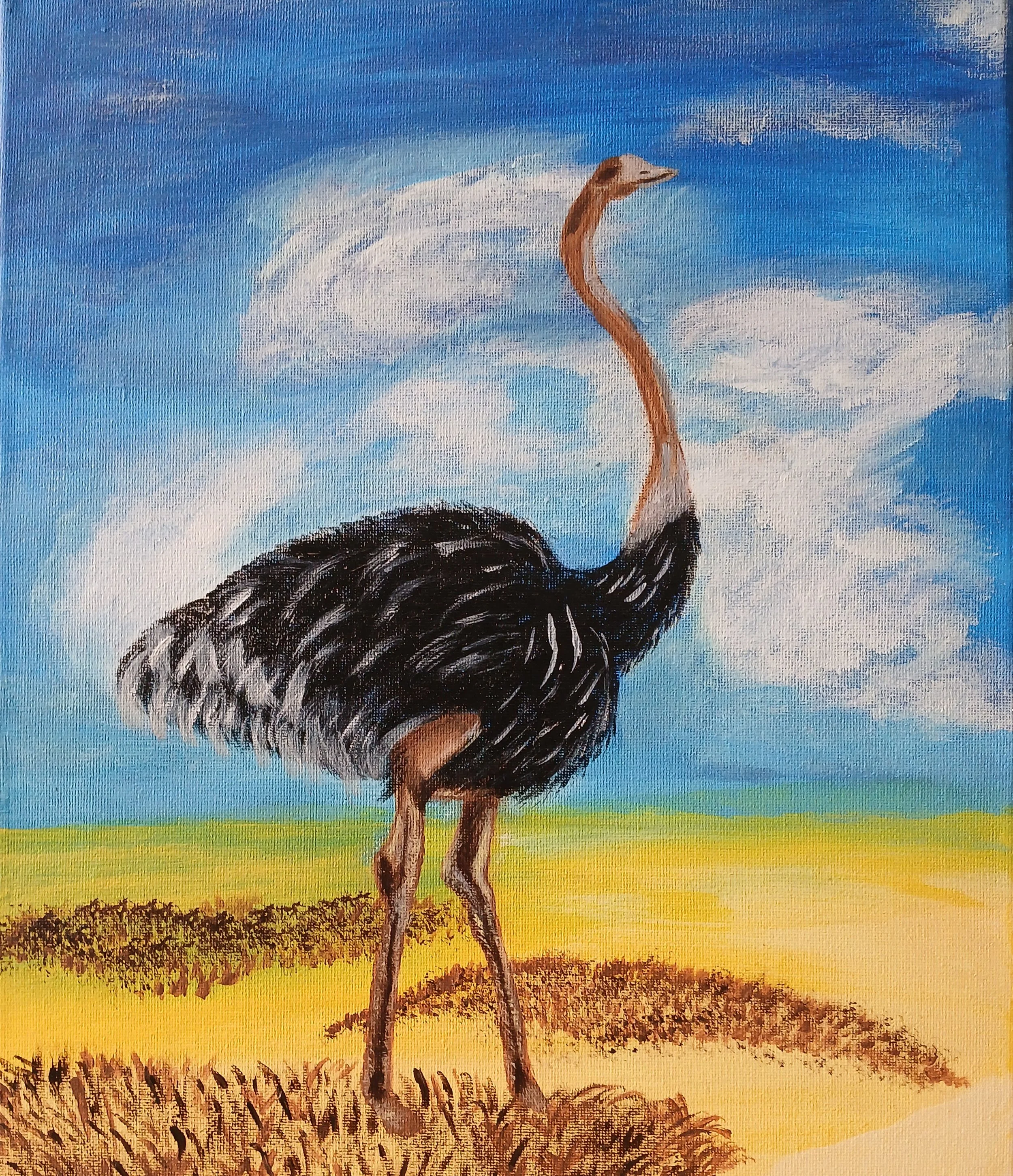 Painting of a tall ostrich standing on a grassy plain under a blue sky with white clouds.
