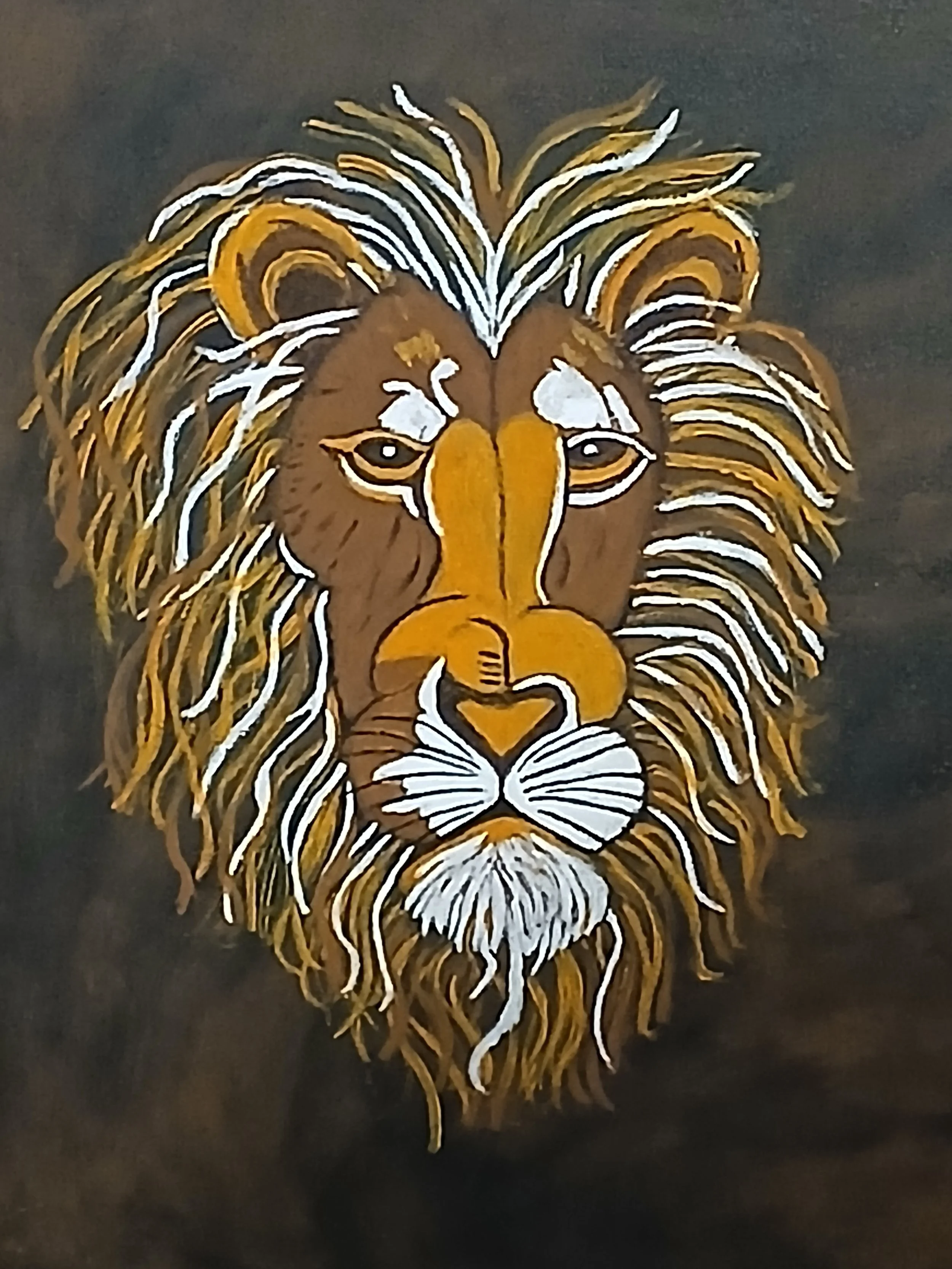 Artistic depiction of a lion's face with a detailed mane, using brown, white, and gold colors on a dark background.
