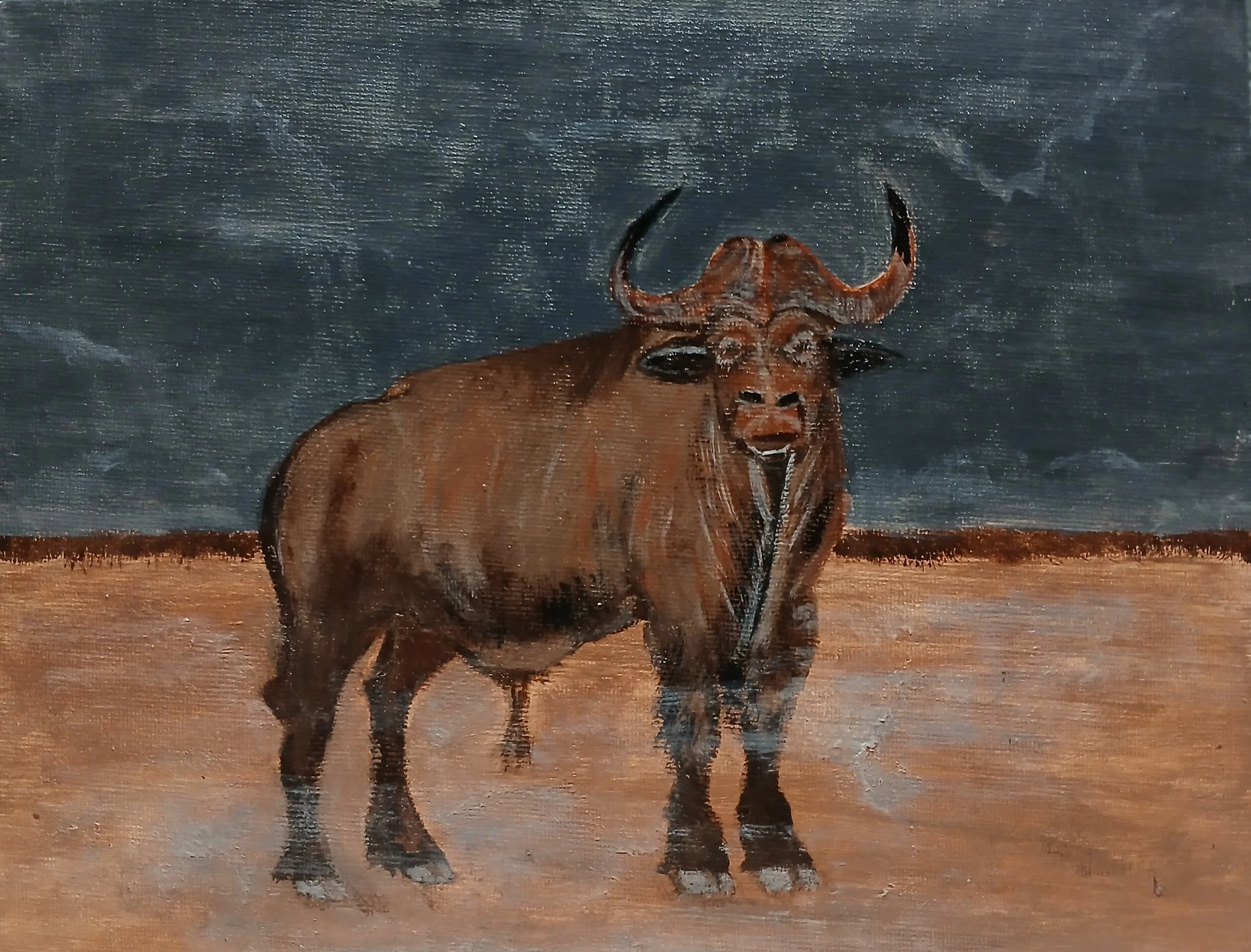A painting of a buffalo standing on a plain with a dark, stormy sky in the background.