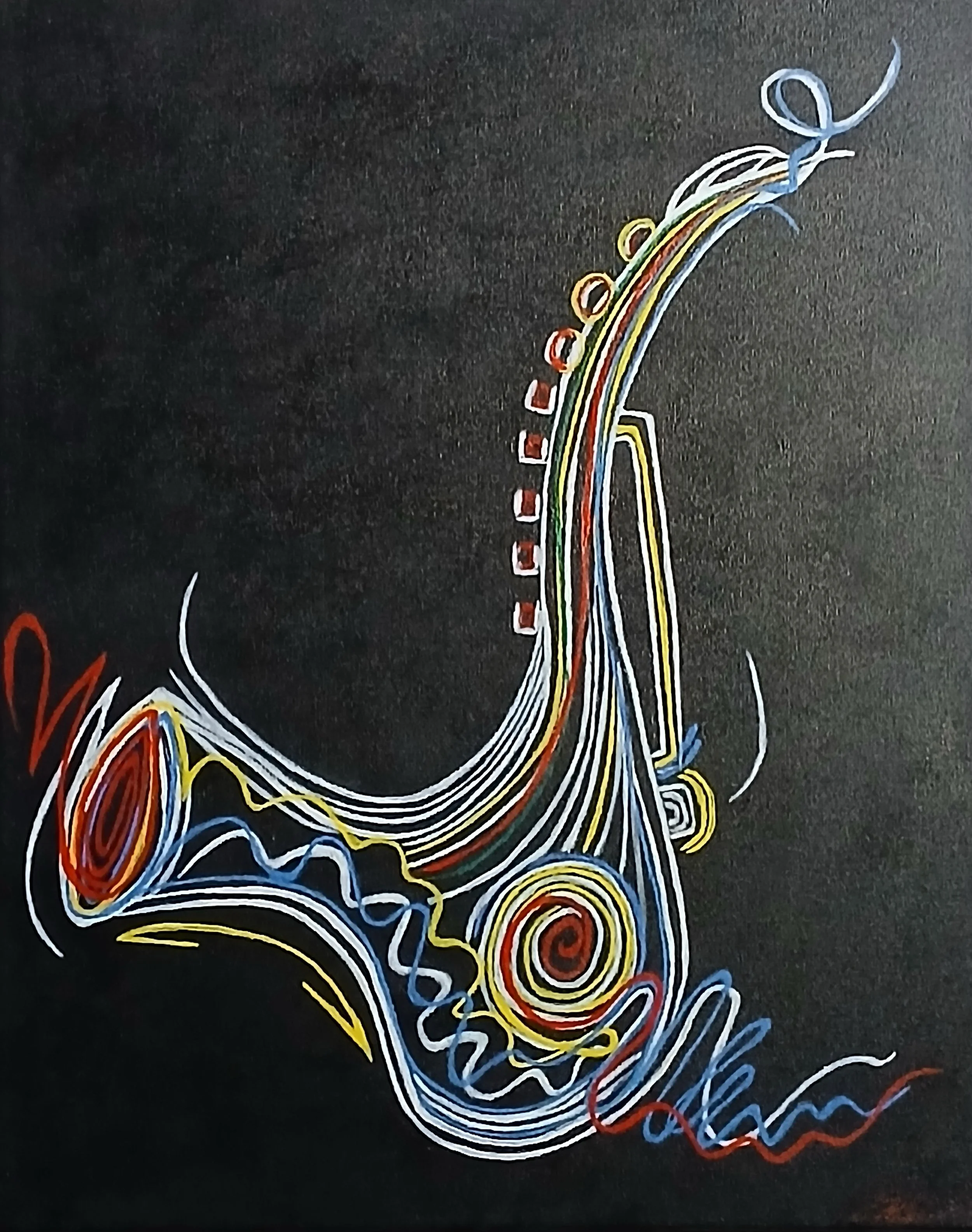 Abstract colorful line drawing on black background, resembling a saxophone.