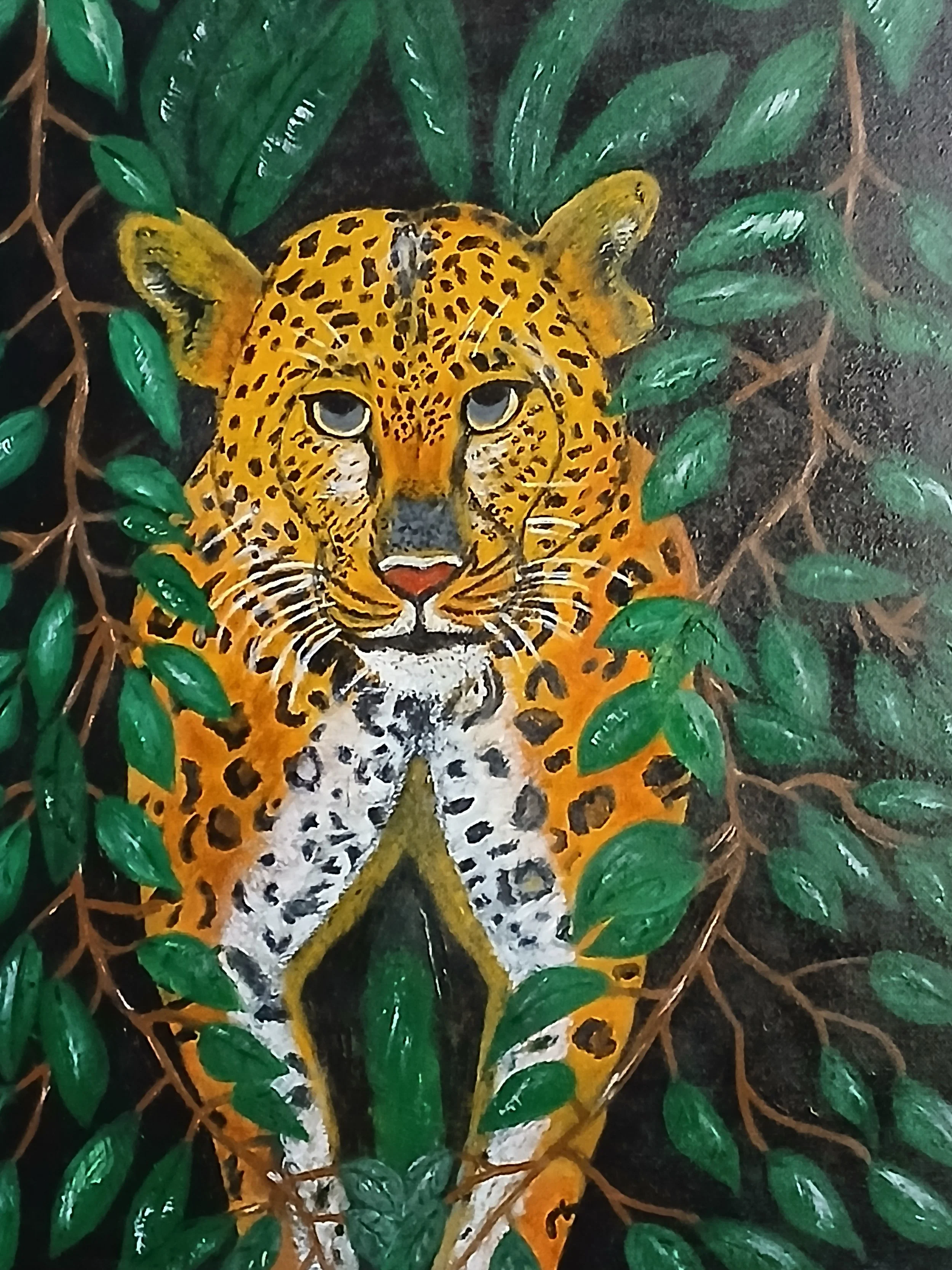 Painting of a jaguar amid green leaves and branches.