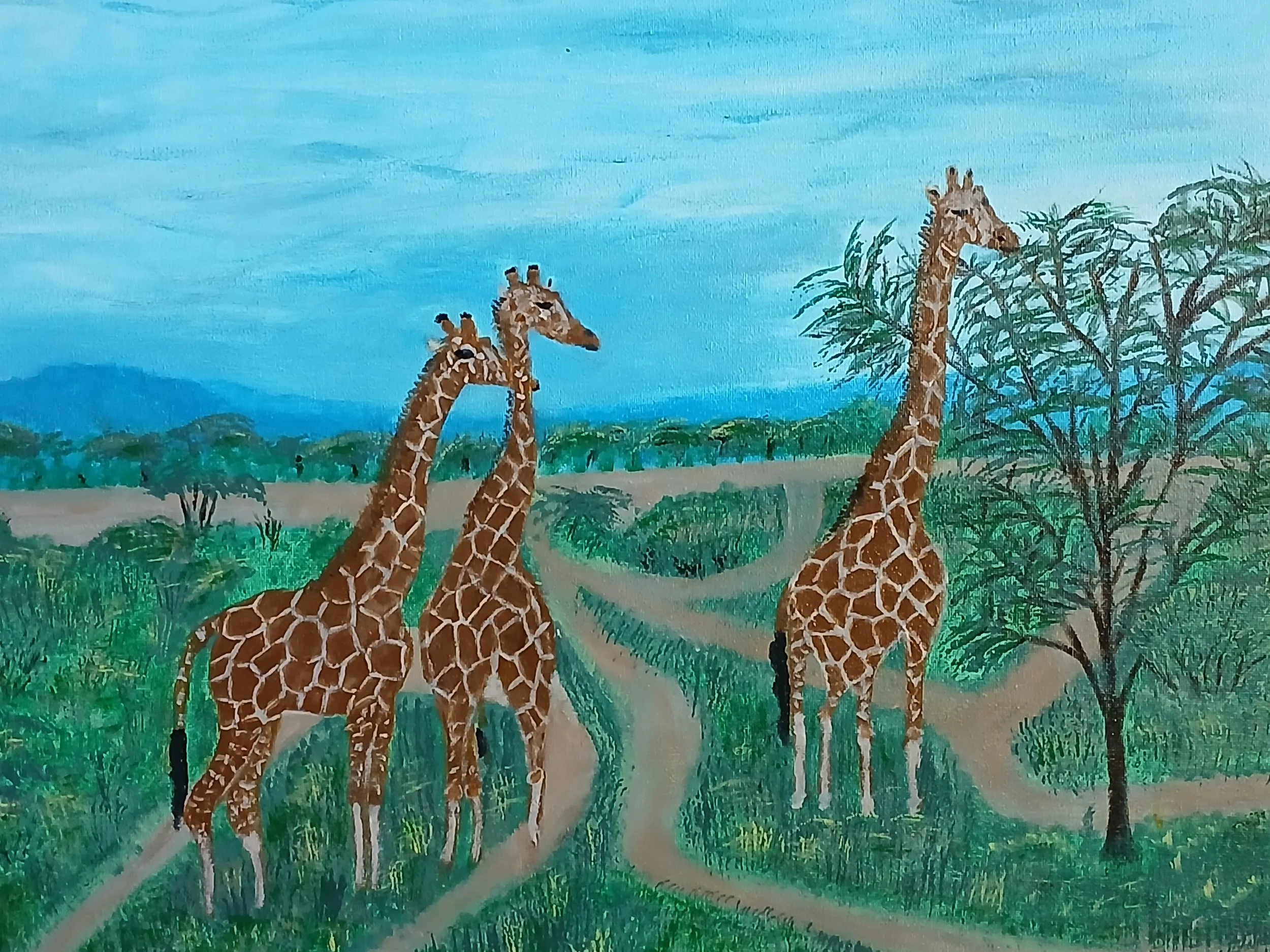 Painting of three giraffes walking on a path through lush green vegetation with trees and hills in the background under a blue sky.