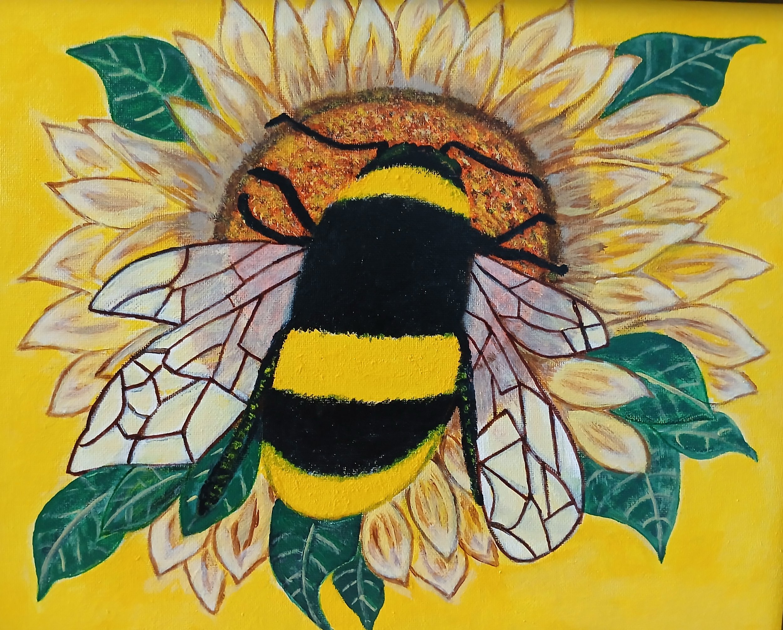 Painting of a bee with yellow and black stripes on a sunflower with yellow petals and green leaves, all set against a yellow background.