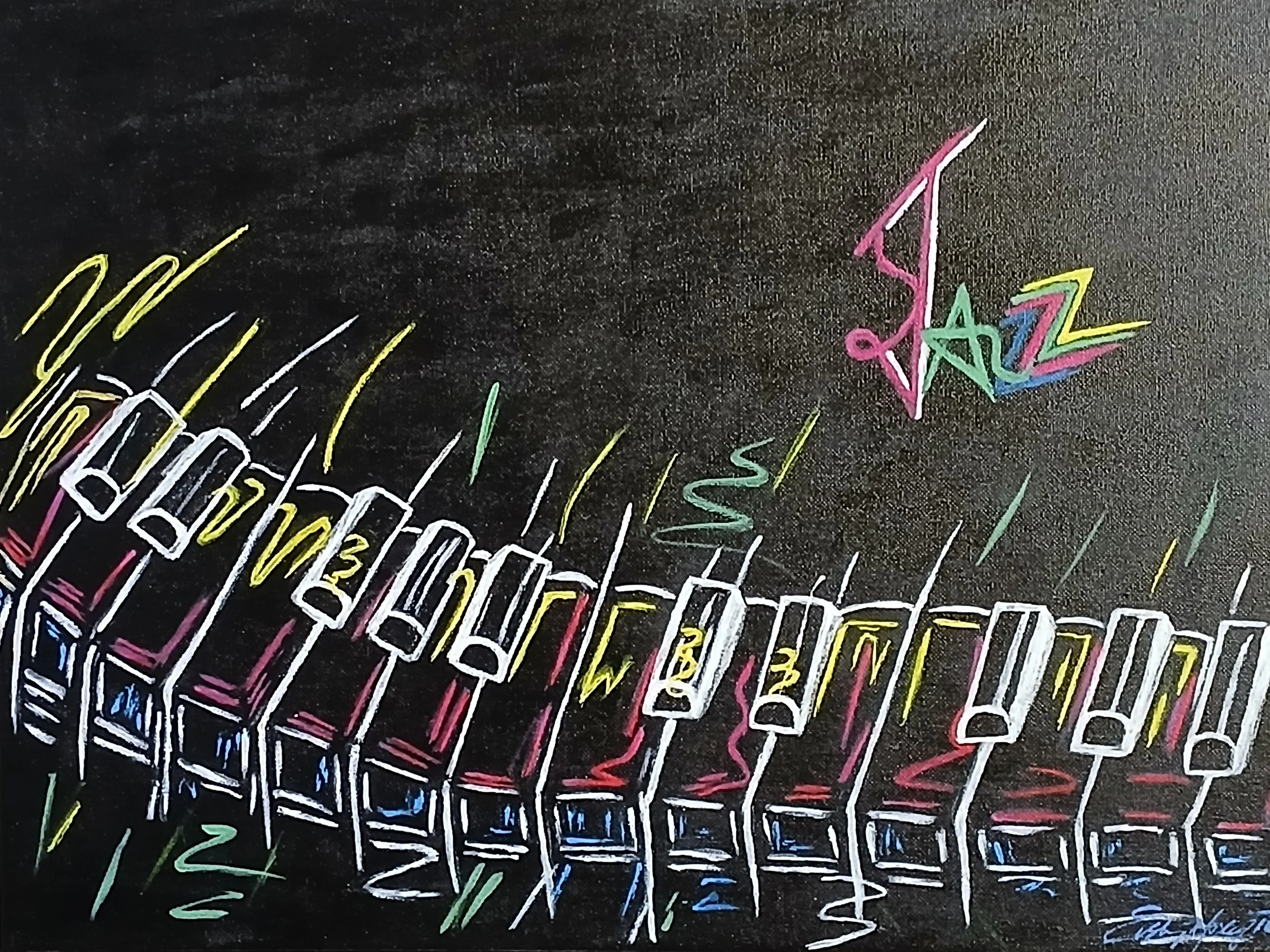 Colorful chalk drawing of a piano keyboard with musical notes and symbols floating above it for the word 'Jazz' on a blackboard background.
