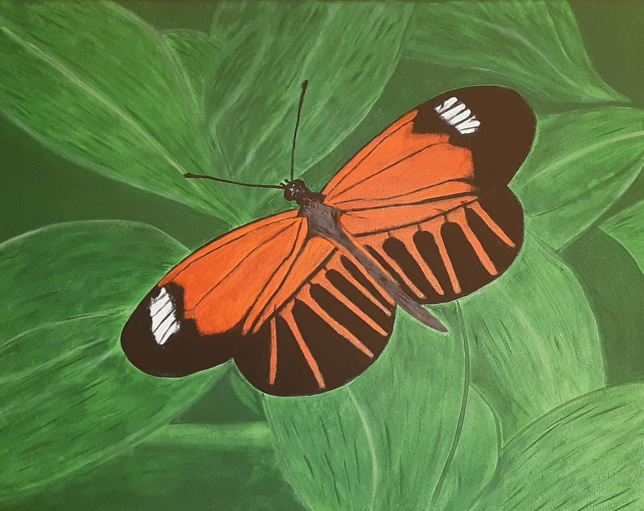 Painting of an orange and black butterfly resting on green leaves.