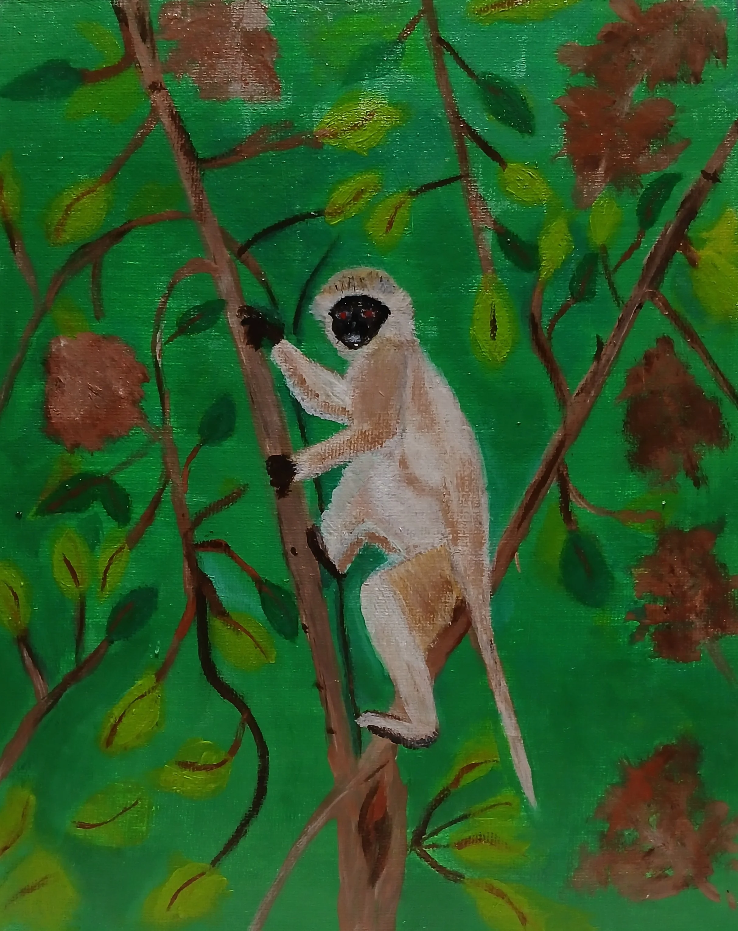 A painting of a Siamang gibbon climbing a tree amidst green leaves and brown flowers.