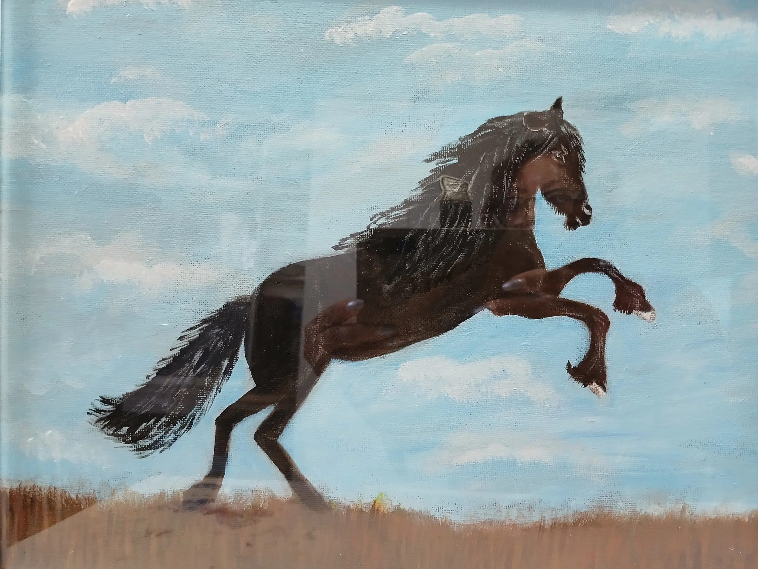 A painting depicting a horse with a human face, rearing on its hind legs against a blue sky with scattered clouds.