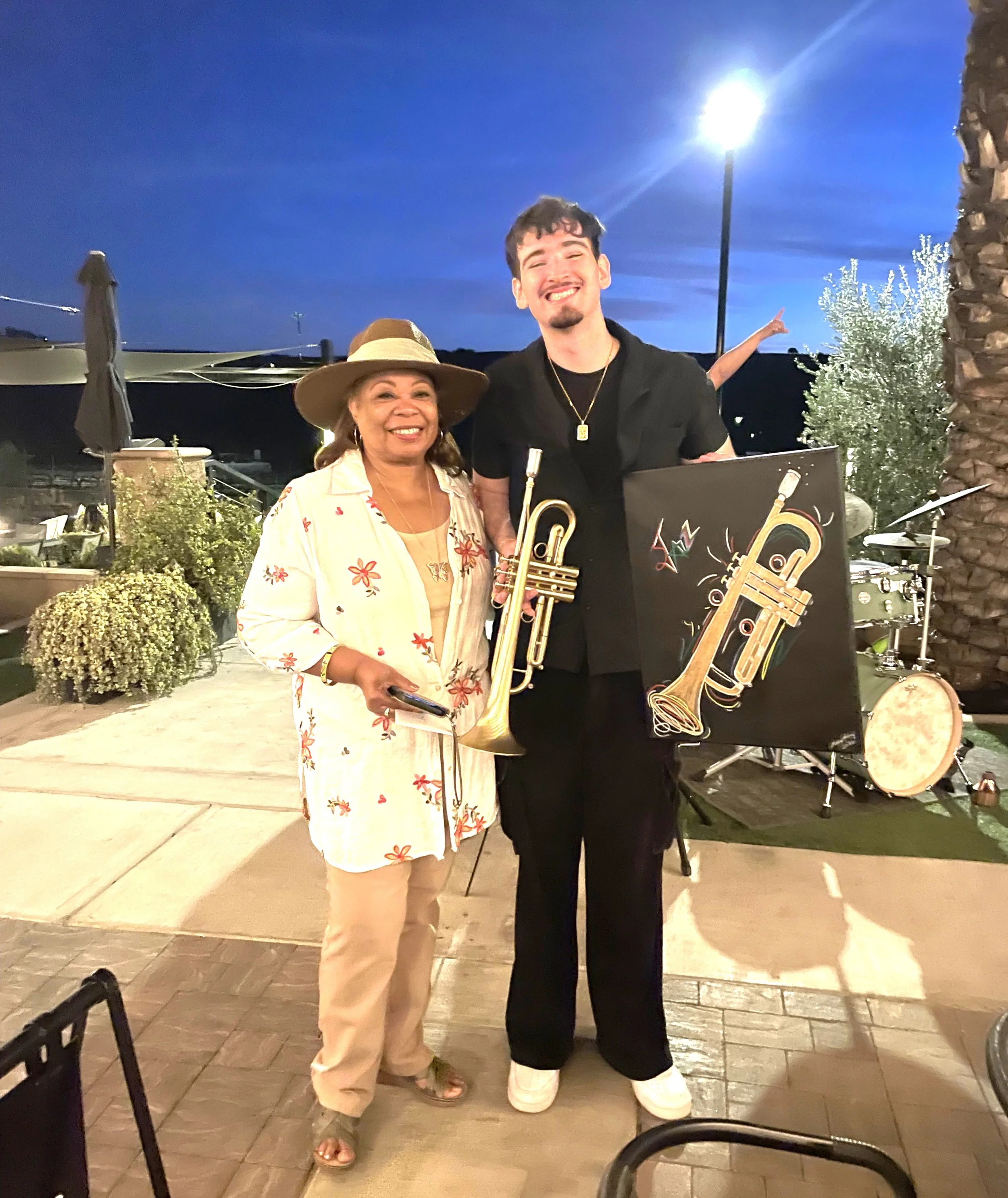 Jazz Trumpet player custom Trumpet painting at winery.