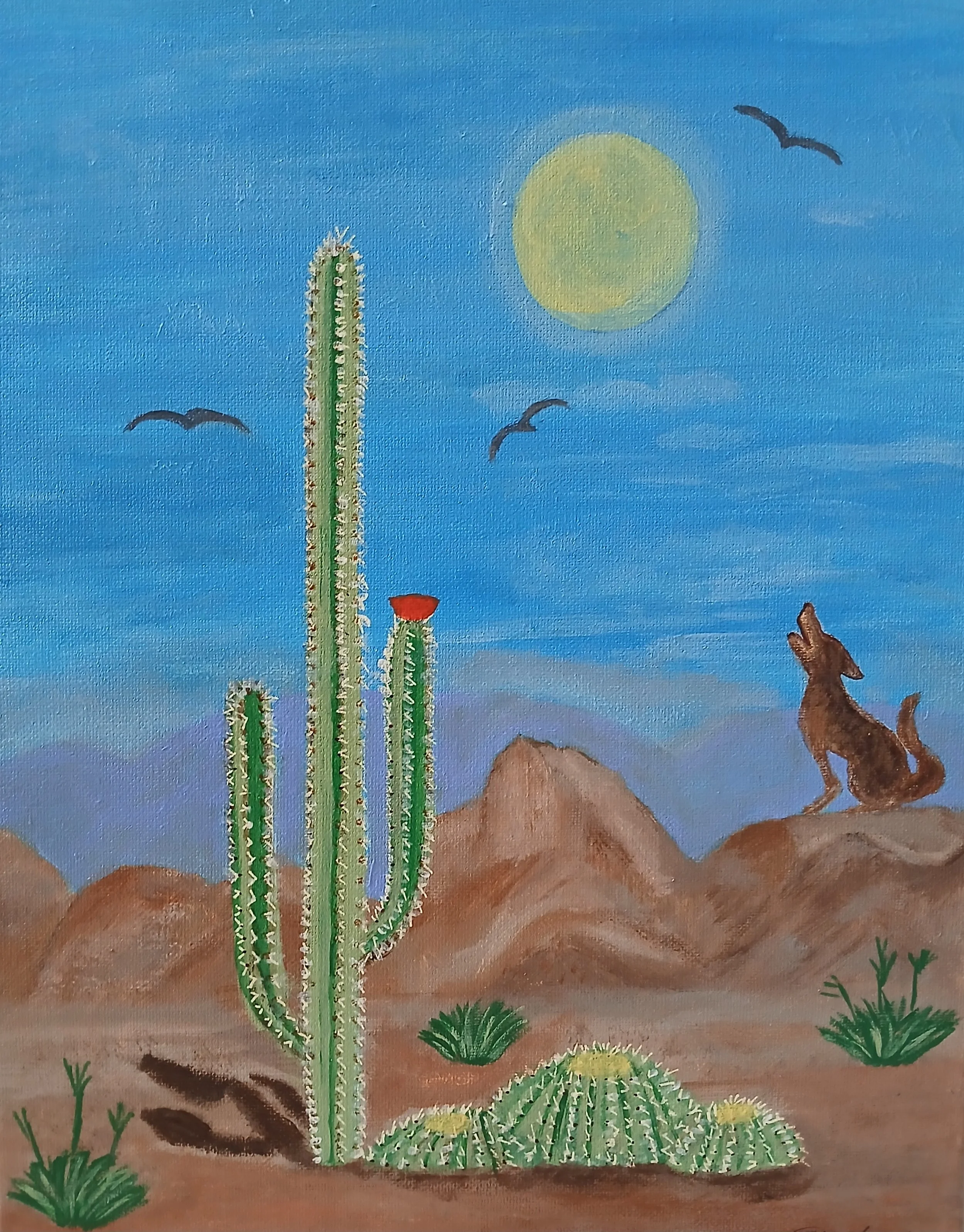 A desert landscape with cacti, a dog sitting on rocks, a bright sun, and birds flying in the sky.