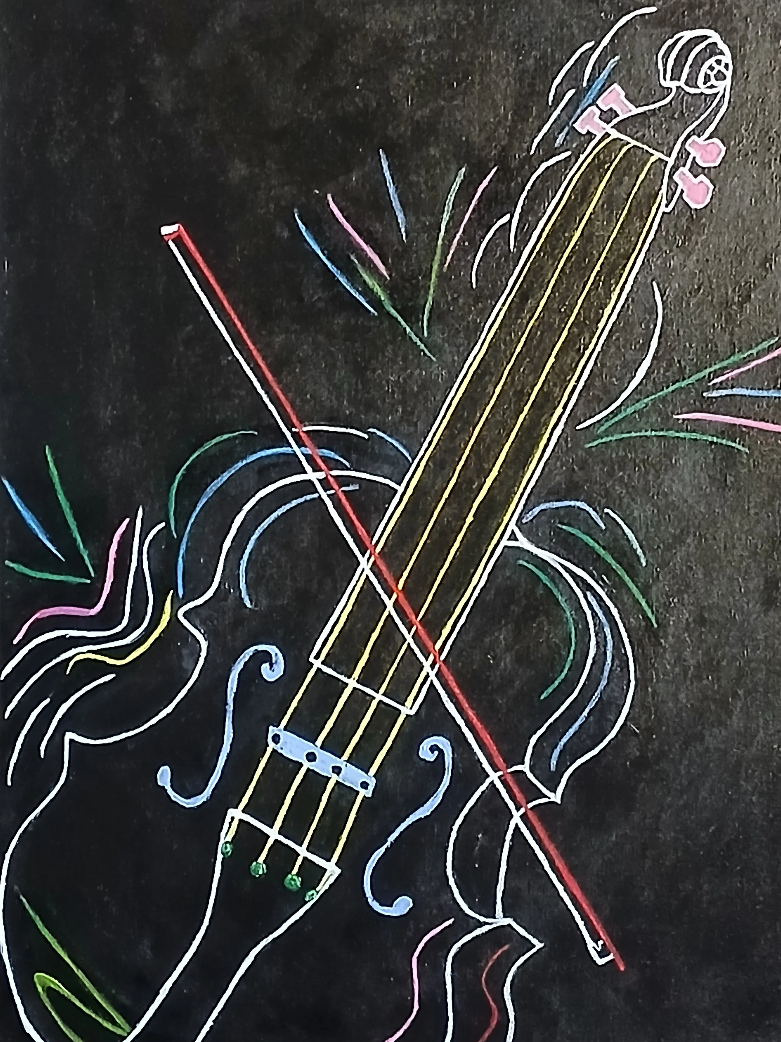 Neon-style drawing of a violin with multicolored streaks and a red bow across it, set against a black background.