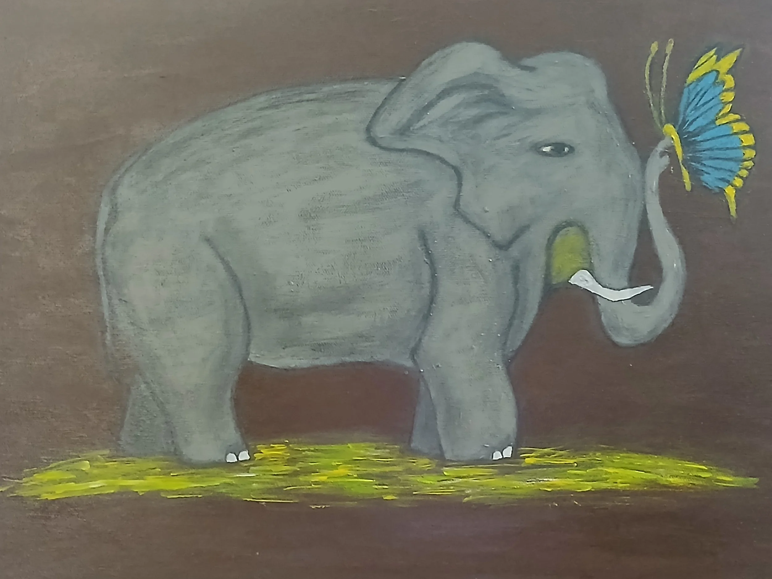 A chalk drawing of a gray elephant with a blue and yellow butterfly near its trunk, standing on a yellow patch on a brown background.