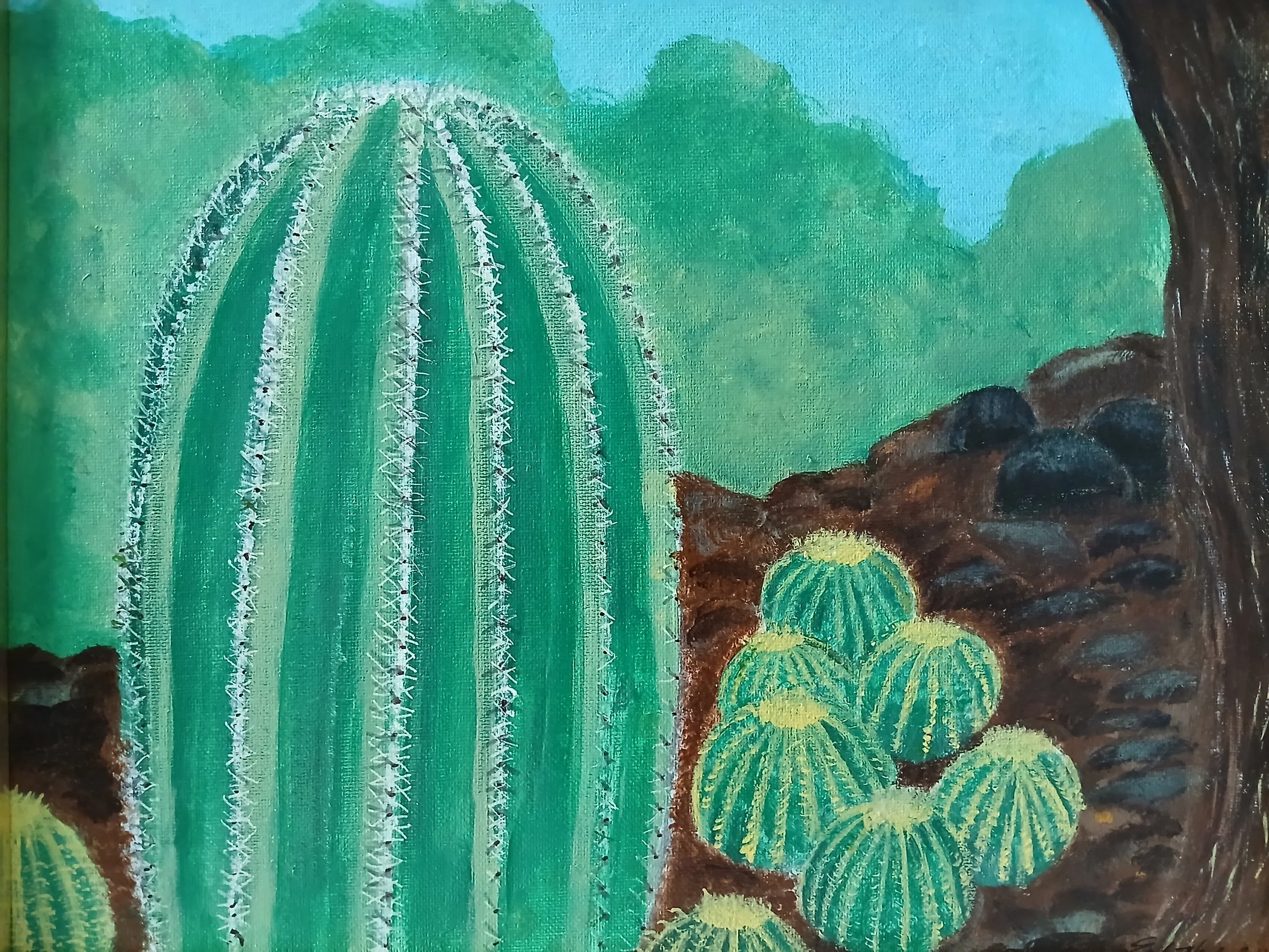 Painting of a desert landscape with a large green cactus and smaller cacti surrounded by rocks and a tree, with a green and blue sky in the background.