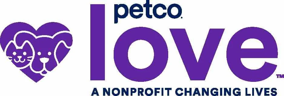 Petco Love logo with a purple heart containing a dog and cat, and the text 'petco love' and 'a nonprofit changing lives'.