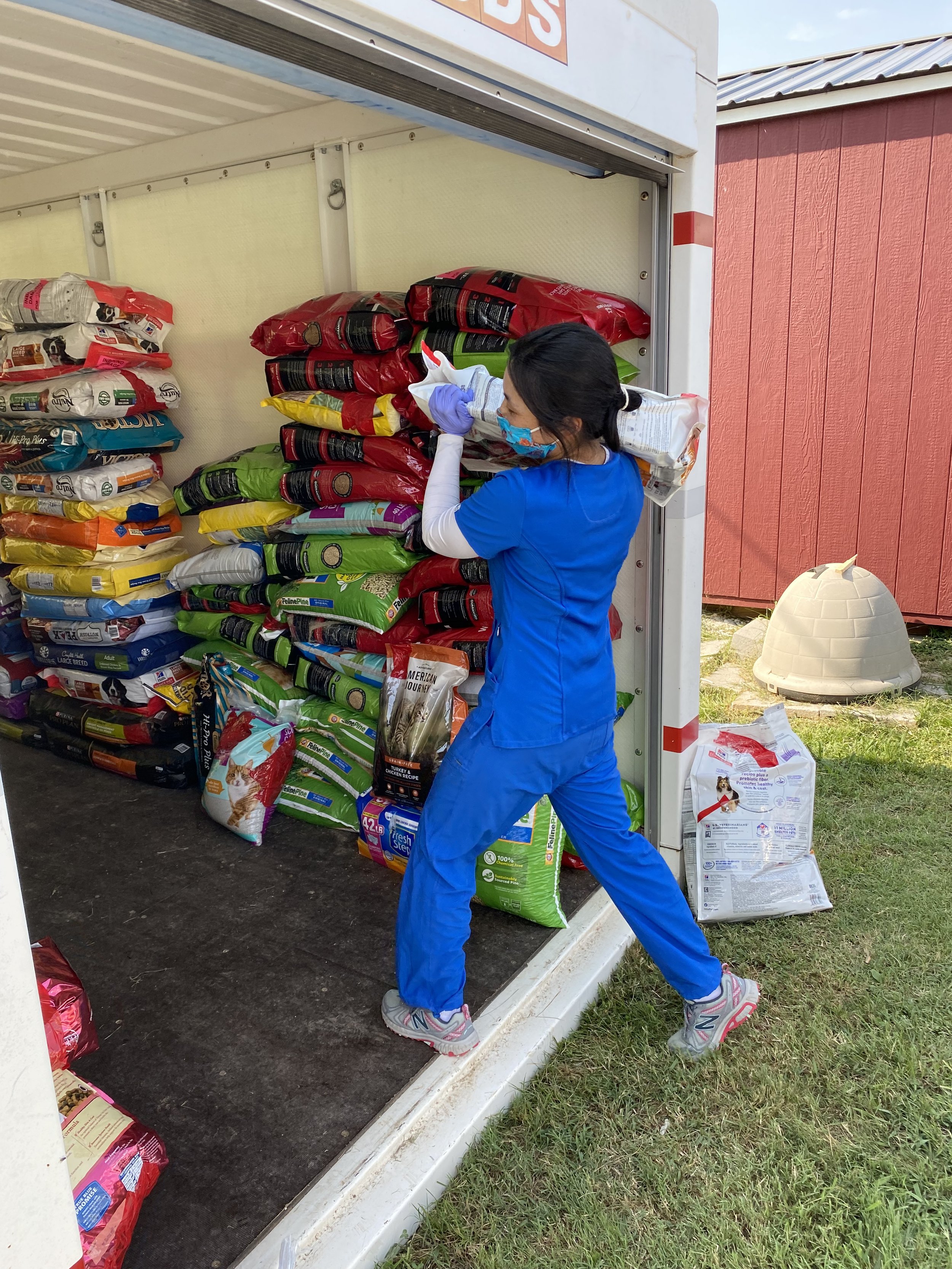 A woman volunteer in blue scrubs and a face mask bagging pet food for Spay Arkansas's pet food pantry.