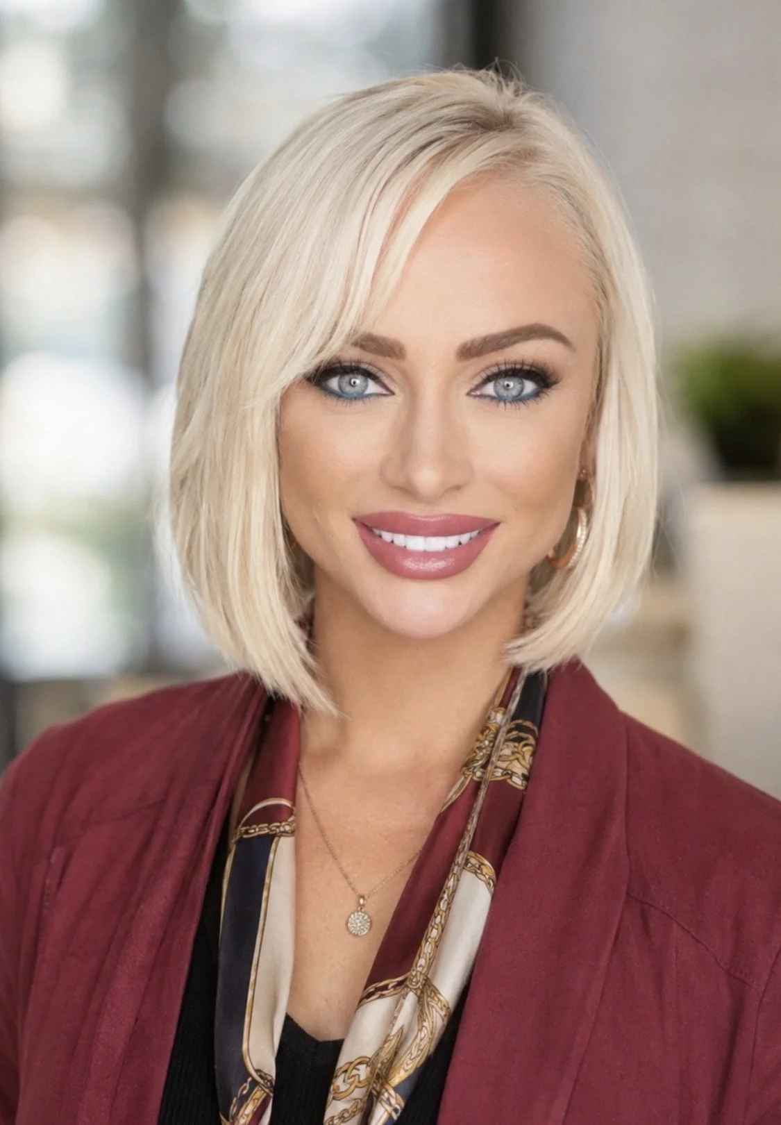 Amanda Gaez, smiling, wearing a maroon blazer and a patterned scarf, in an indoor setting.