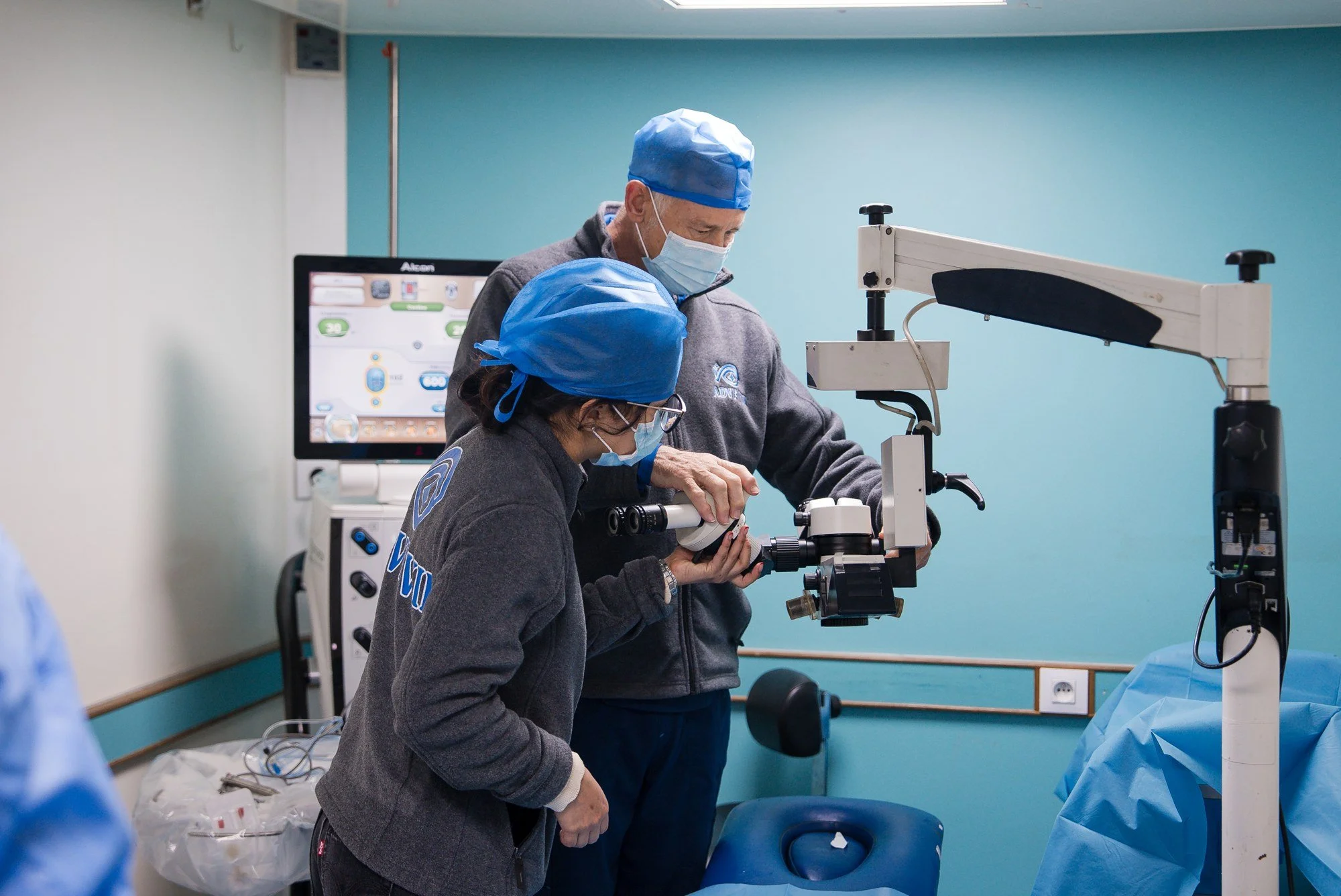 Moroccan clinical team members reviewing eye care equipment during an ADVF mission