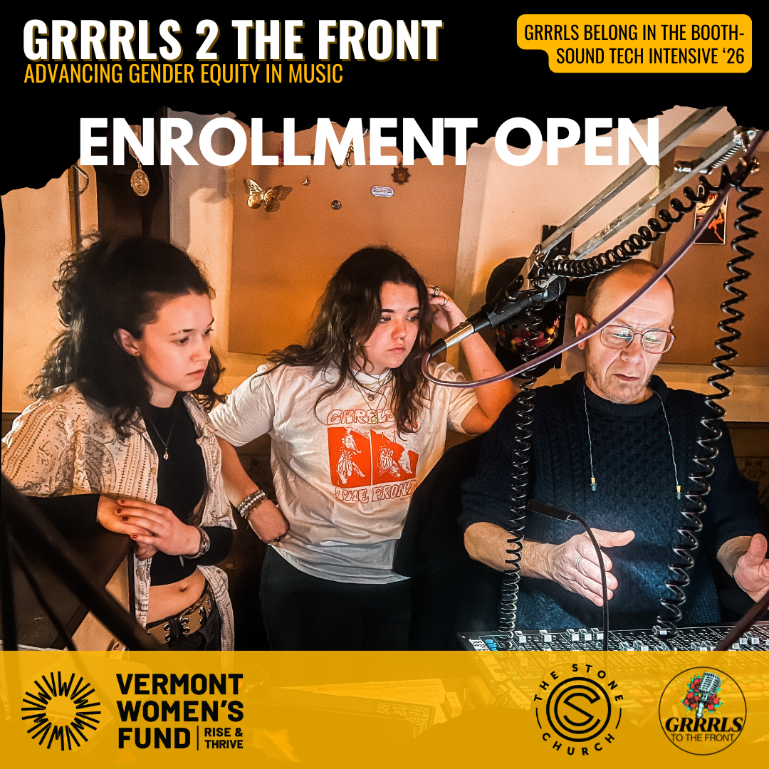 Three women in a recording studio, with one woman operating sound equipment, others observing. Overlaid text advertising a course for women in sound tech, with logos of organizations involved.