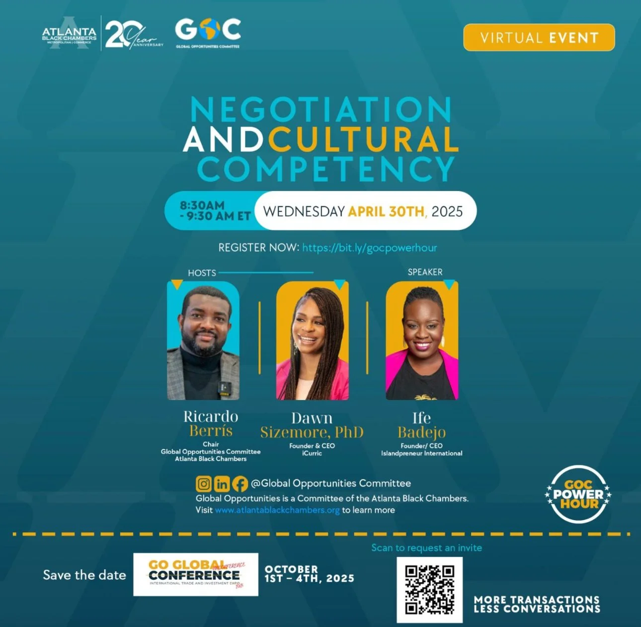 In this powerful Global Opportunities Committee Weekly Power Hour session, we explored the vital role of negotiation and cultural competency in global business success. Featured Speaker, Ife Badejo, Founder and CEO of Islandpreneur International, bas