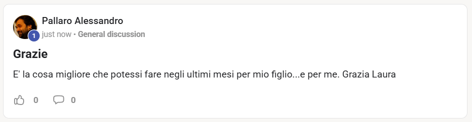 Messaggio di ringraziamento scritto da Pallaro Alessandro, che esprime gratitudine e menziona la sua figlia Grazia Laura.