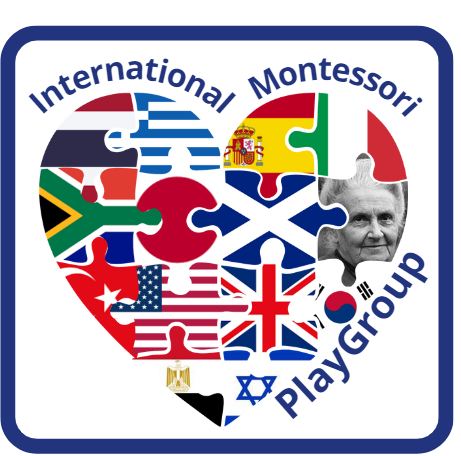 Cuore con all'interno un puzzle di immagini di bandiere di stati tra cui Israele, Egitto, Francia, Inghilterra, Spagna e il ritratto di Maria Montessori