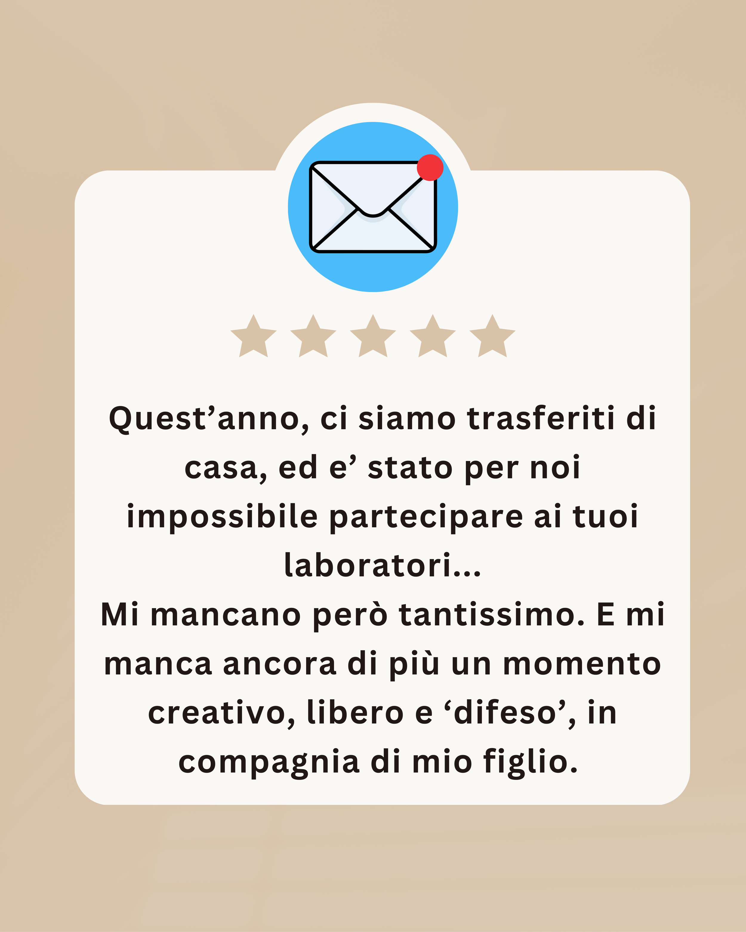 Recensione email con cinque stelle e messaggio di ringraziamento da parte di Laura, con sfondo beige.
