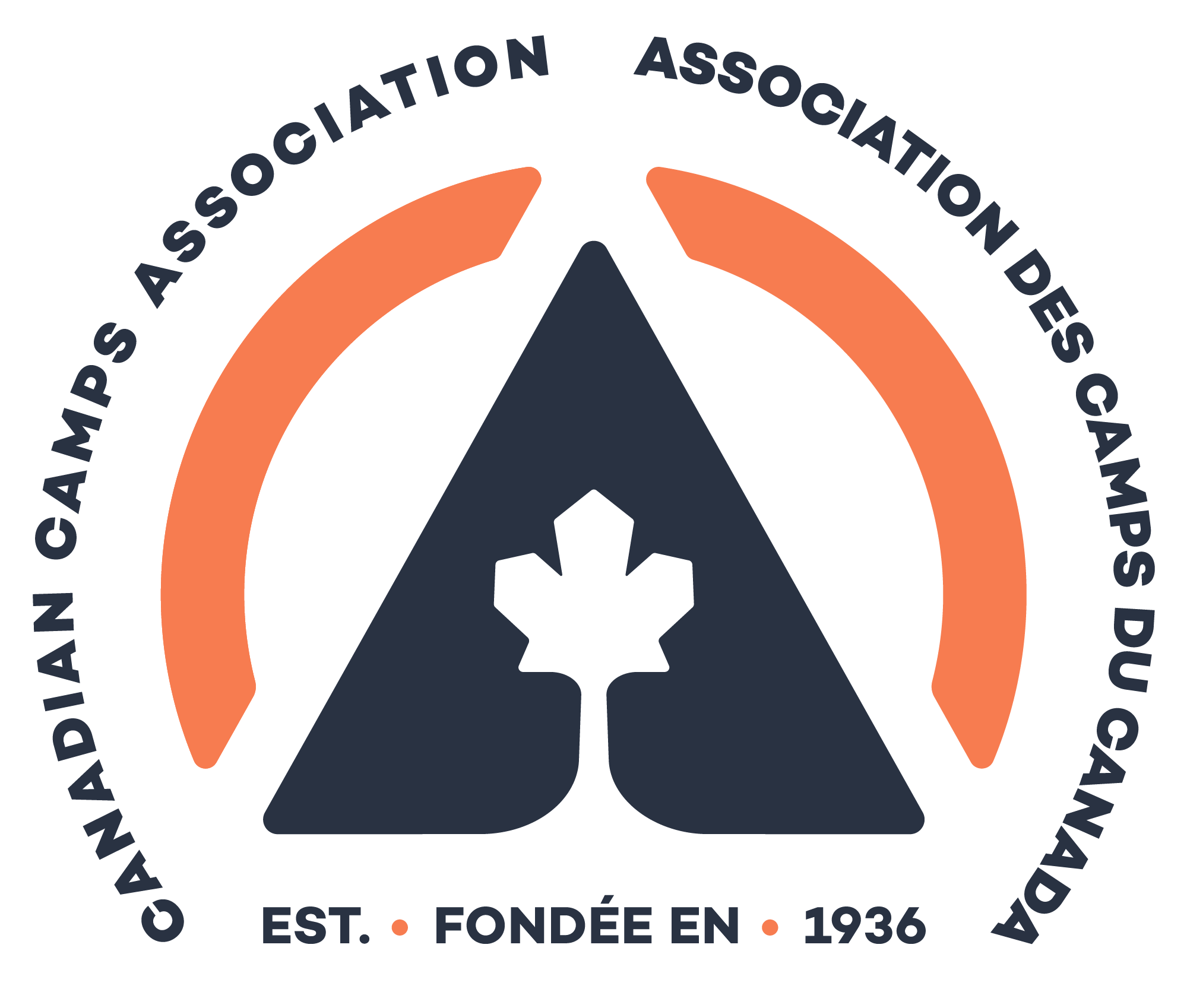 Canadian Camps Association logo. A blue A with a maple leaf in the middle, two orange bars around the outside, and the text "Canadian Camps Association" and the French translation