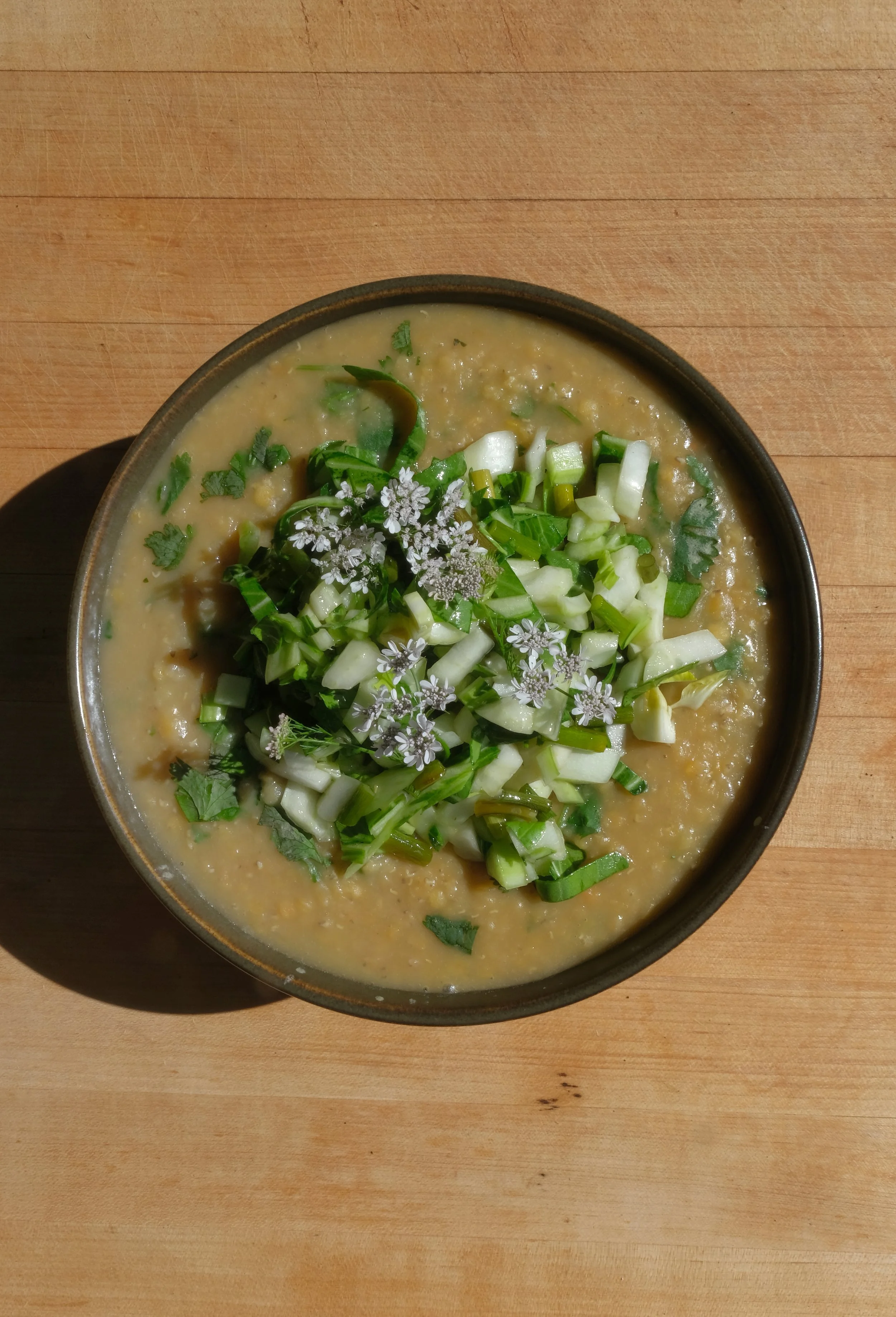 Red Lentil Soup with Bok Choy, Garlic Scapes, and Kale Chips