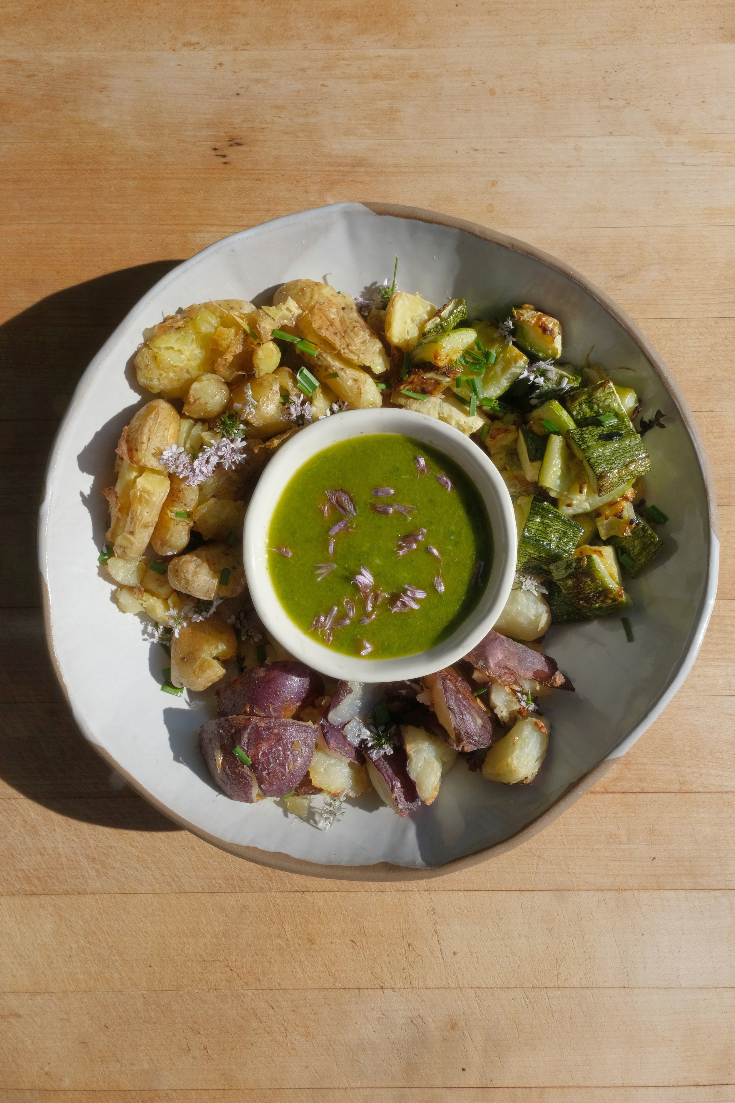 Smash Roasted Potatoes and Zucchini with Mint Sorrel Sauce