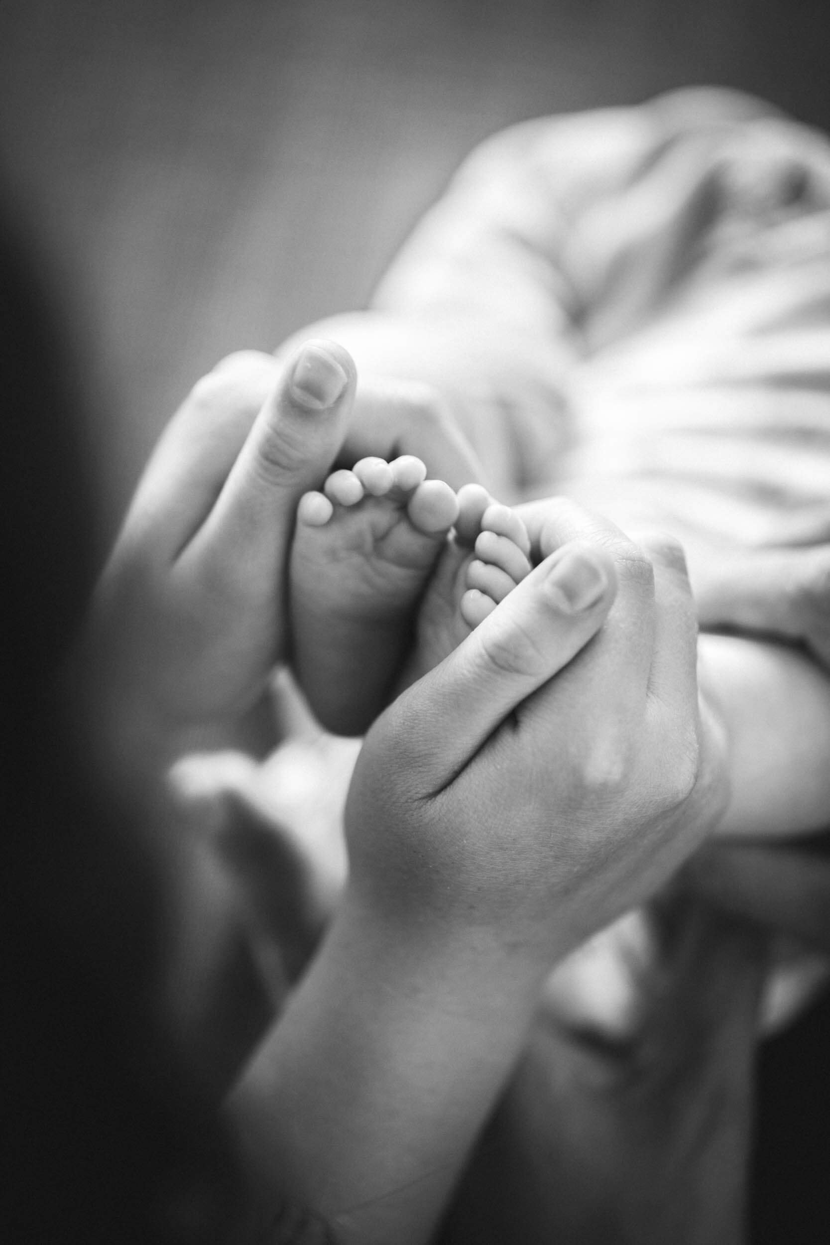 Zwei Hände halten zwei kleine Babyfüße, schwarz-weiß Fotografie