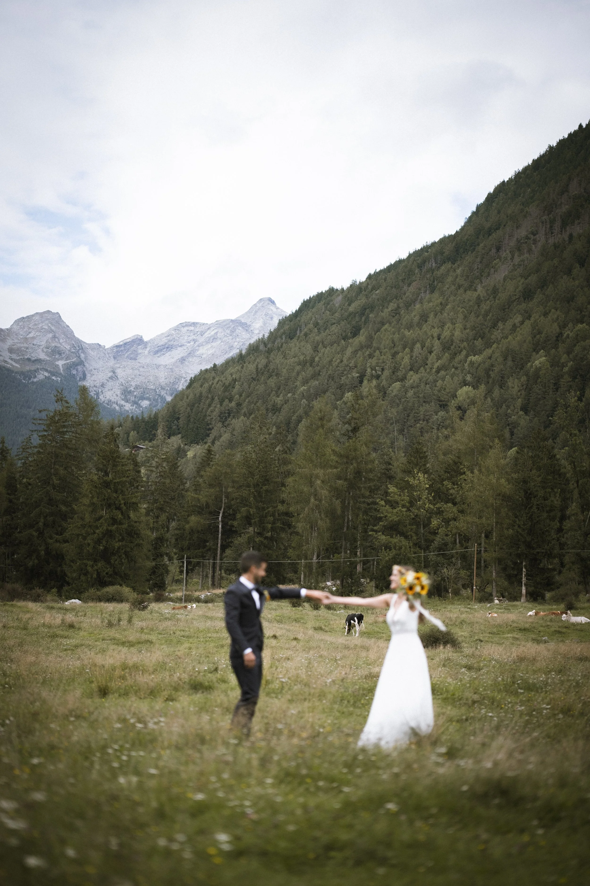 Ein Brautpaar steht in einer Wiese vor Bergen und Wäldern, die Braut trägt ein weißes Kleid und hält einen Sonnenblumenstrauß, der Bräutigam trägt einen Anzug.