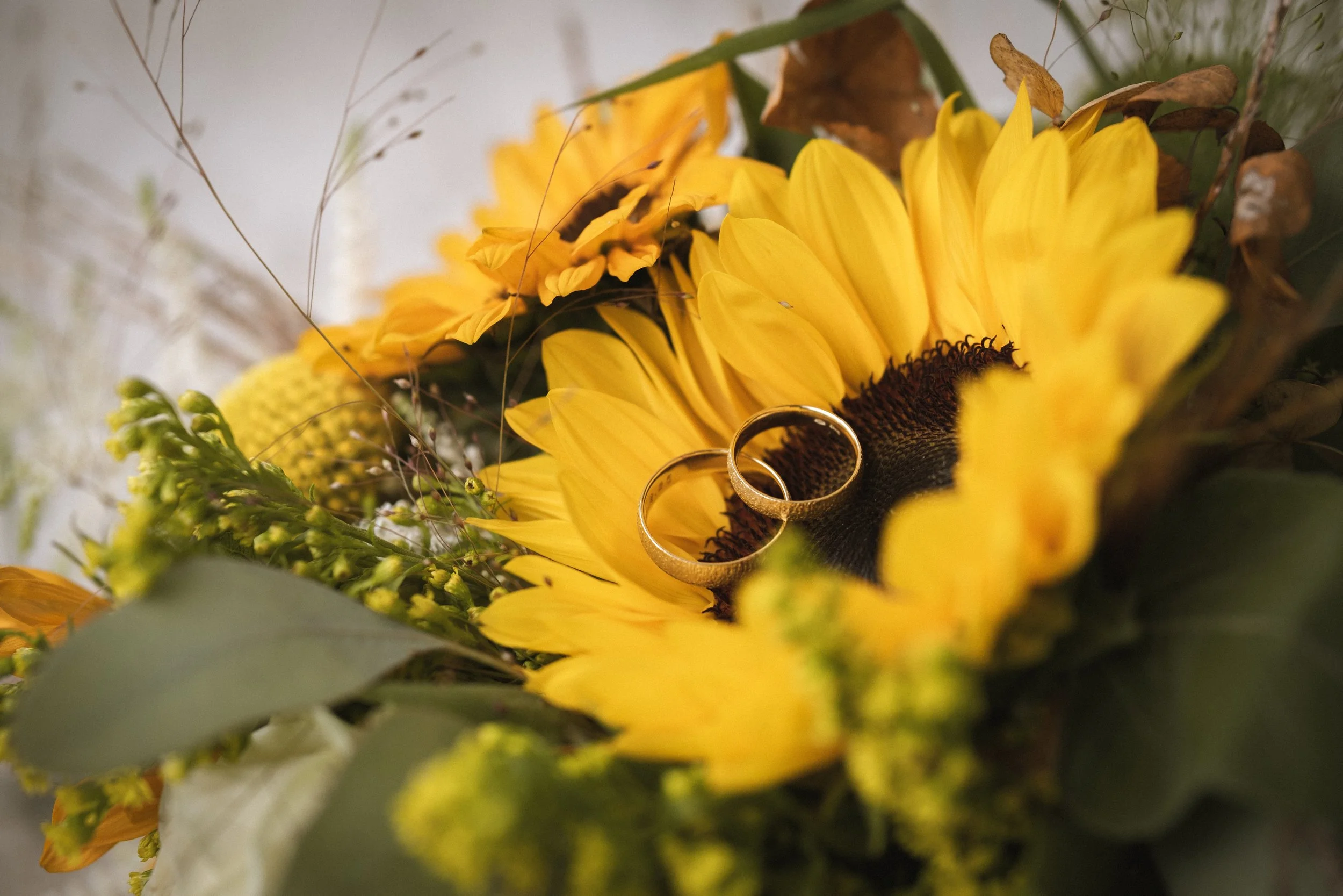 Zwei goldene Eheringe liegen auf einer großen gelben Sonnenblume, umgeben von grünem Laub und kleinen Blumen.