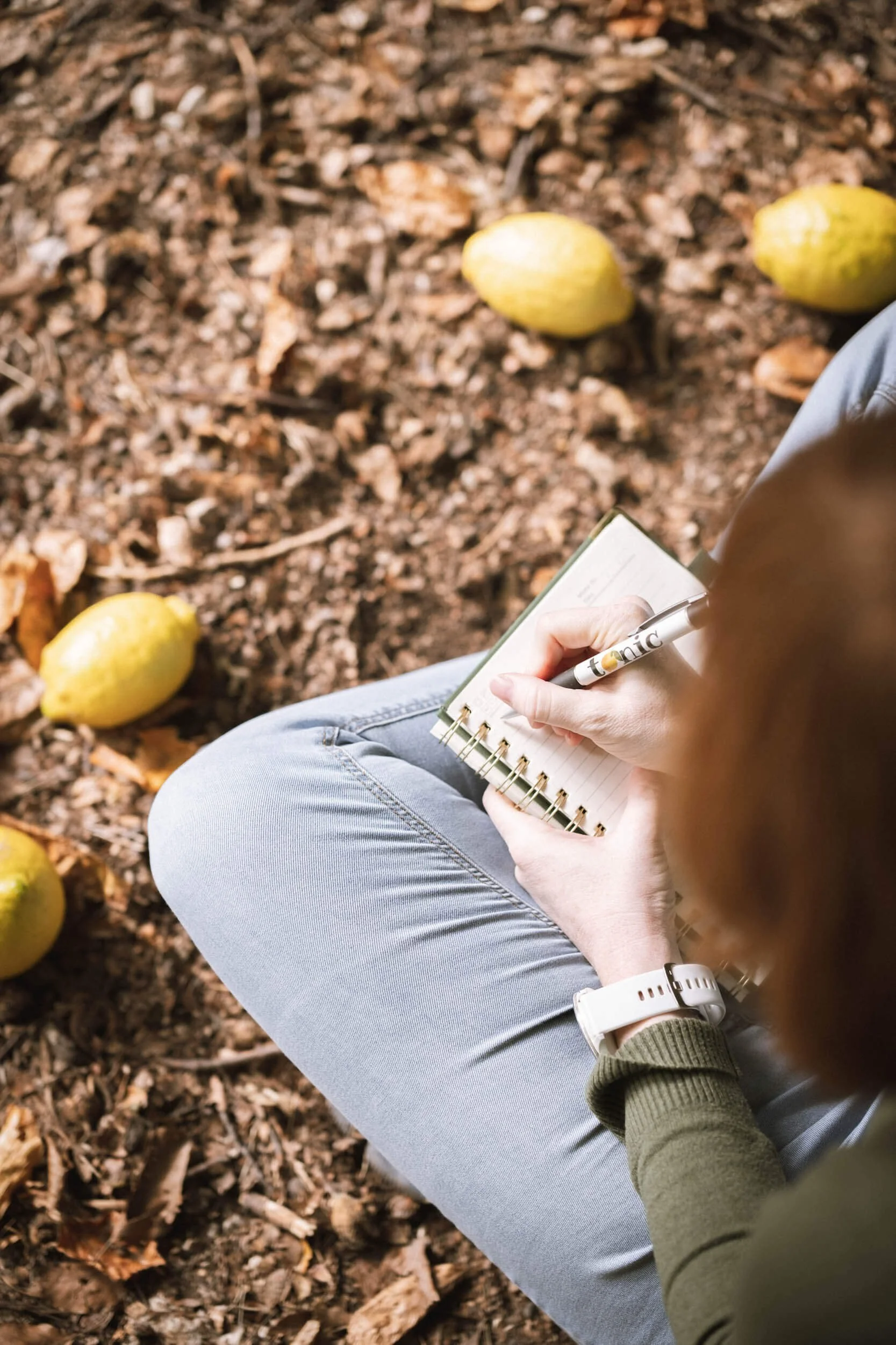 Person, die in einem Wald sitzt und in einem kleinen Notizbuch schreibt, umgeben von gelben Früchten auf dem Boden.