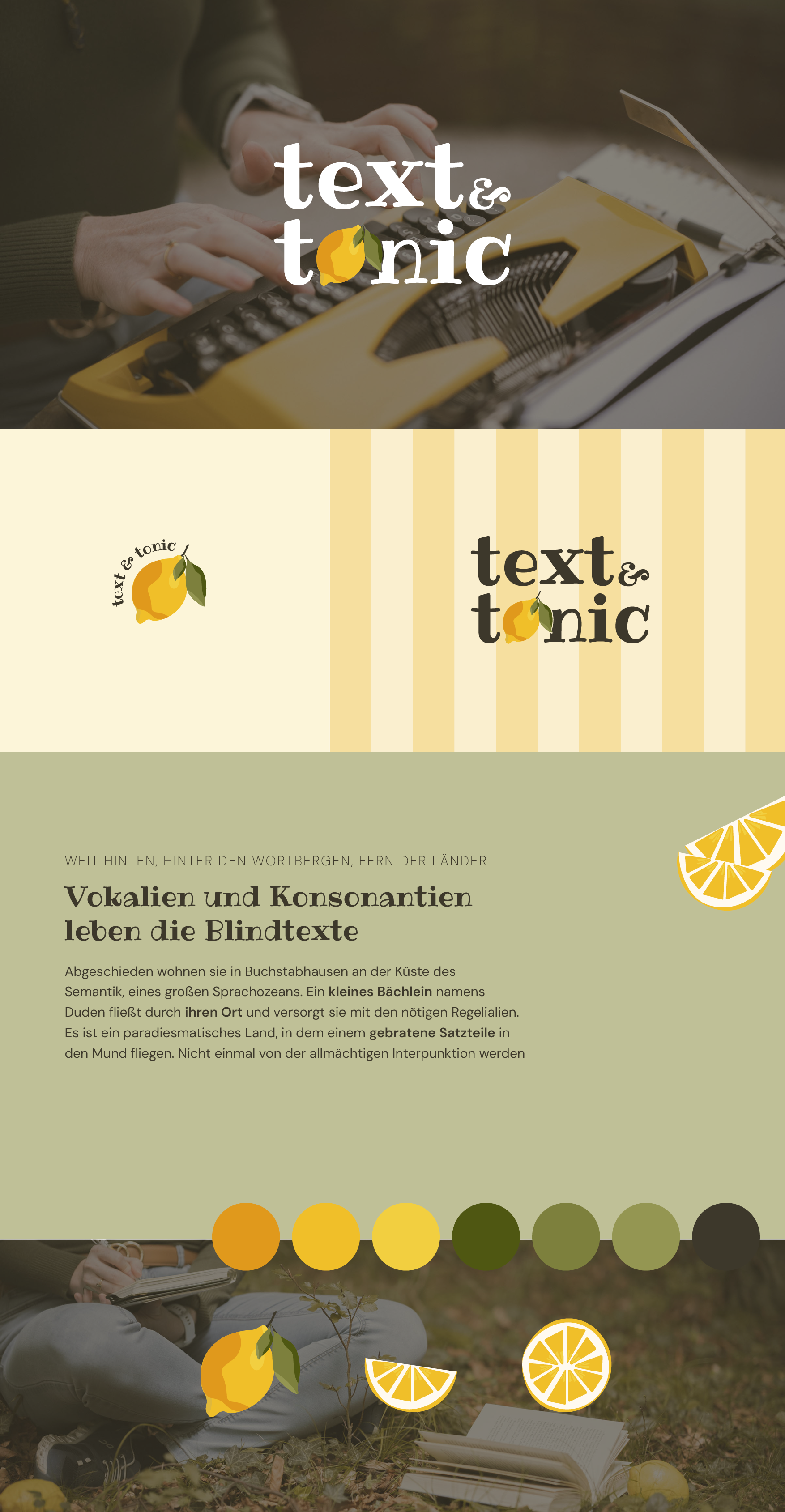 Design eines Buchcovers mit Zitronenmotiv, Strichzeichnungen von Zitronen und Texten über Vokale und Konsonanten sowie ein fotografisches Element bei dem Personen im Freien sitzen, mit einem alten Schreibmaschine im Hintergrund.
