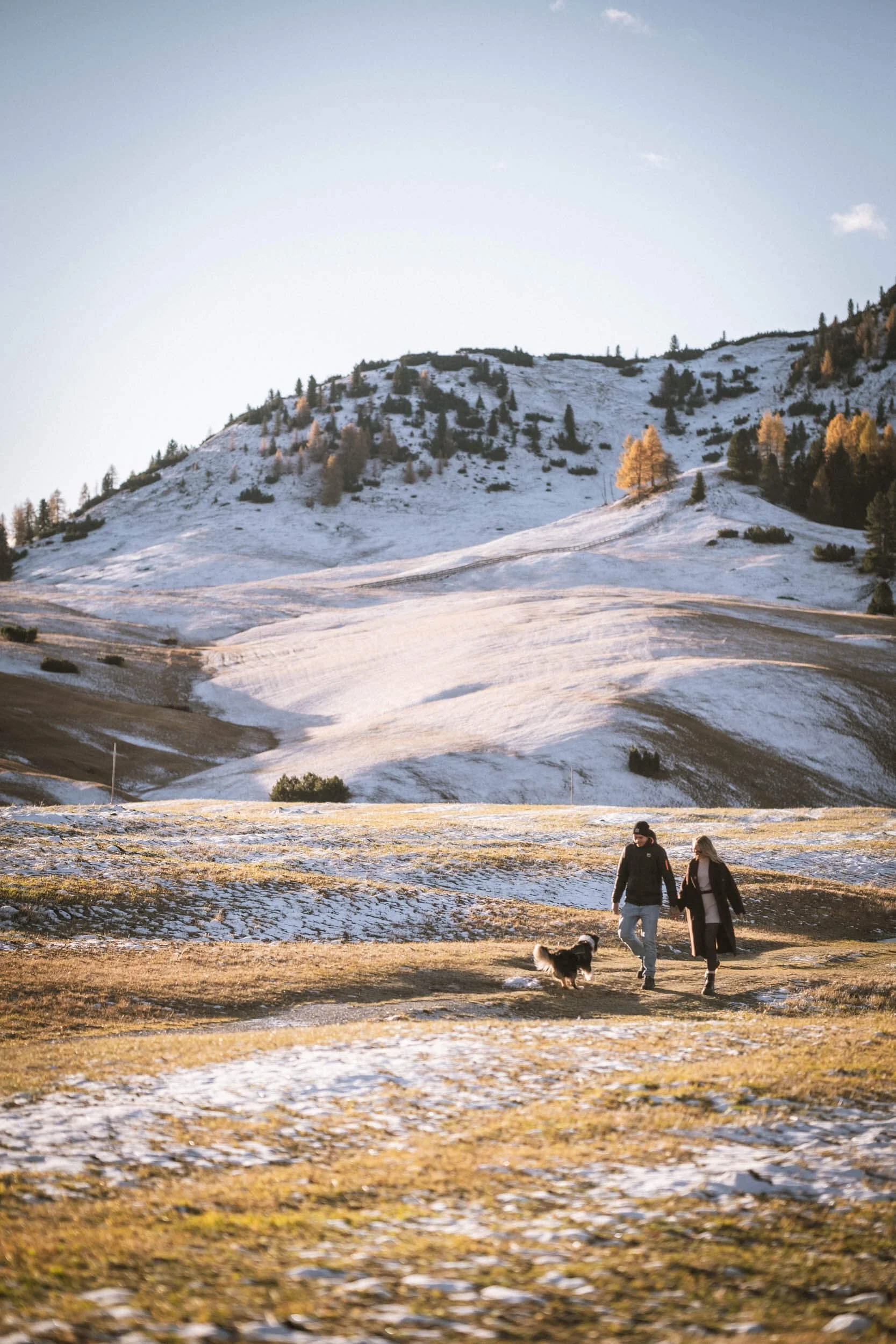 Ein Paar mit einem Hund geht auf einer Wiese in einer bergigen Landschaft, im Hintergrund schneebedeckte Hügel und gelb-blätternde Bäume, umgeben von heller, klarer winterlicher Atmosphäre.