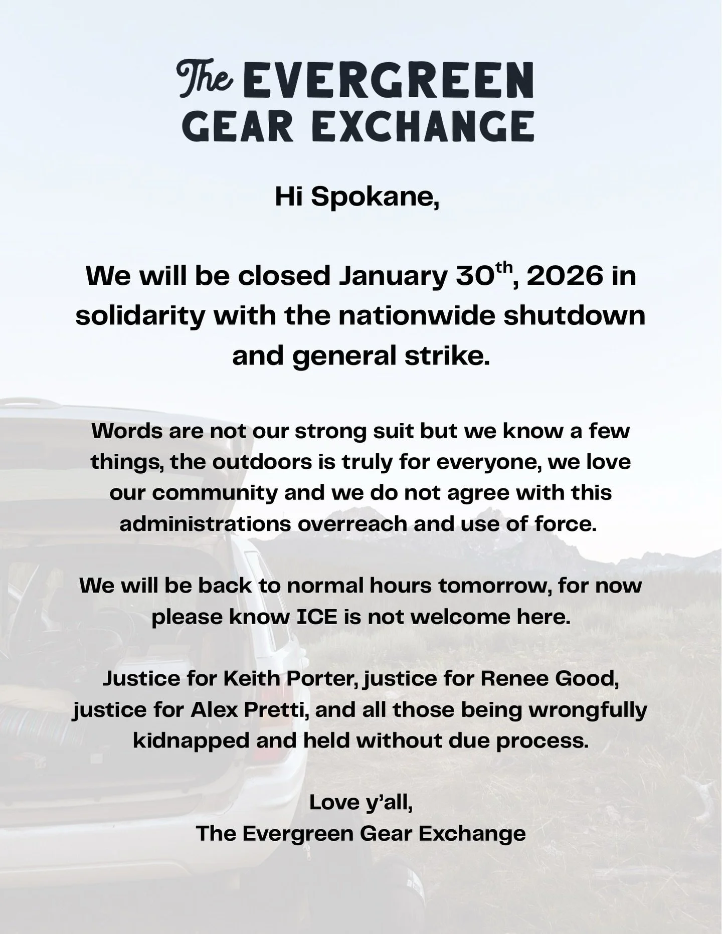 Tomorrow our doors will stay closed as we stand with Minneapolis and those being targeted unfairly. 

Go to nationalshutdown.org to find ways to participate and help those who need it now.