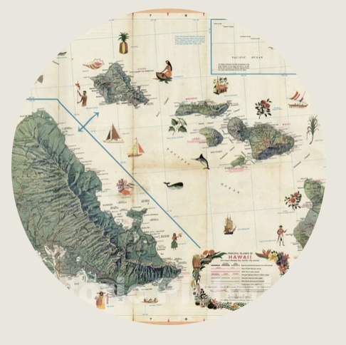 Cheyenne- A vintage illustrated map of the Hawaiian Islands featuring colorful depictions of flora, fauna, and cultural icons. The map’s artistic details—canoes, pineapples, and hula dancers—capture the mid-century fascination with Hawaii’.