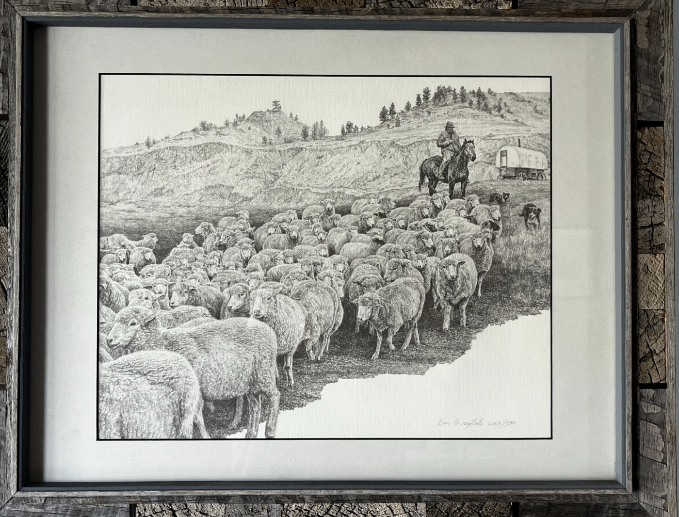 A framed drawing depicting a herd of sheep grazing in a pastoral landscape. Mountains, a sheepherder's wagon, and a sheepherder on horseback with his dog are in the background.