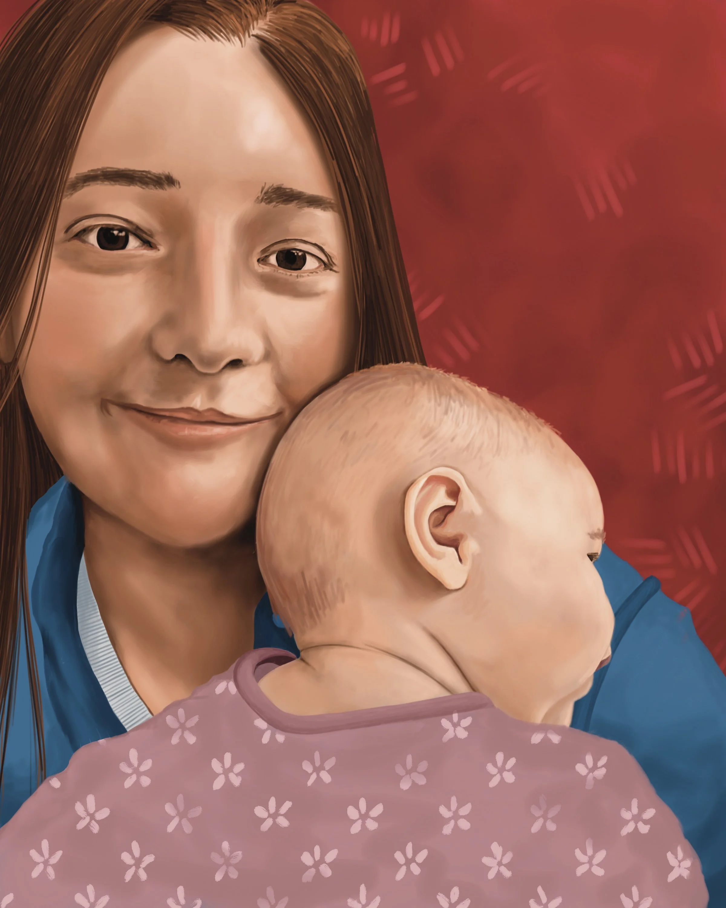 A woman with straight brown hair holds a baby resting on her shoulder. The baby wears a pink floral shirt. The background is red.