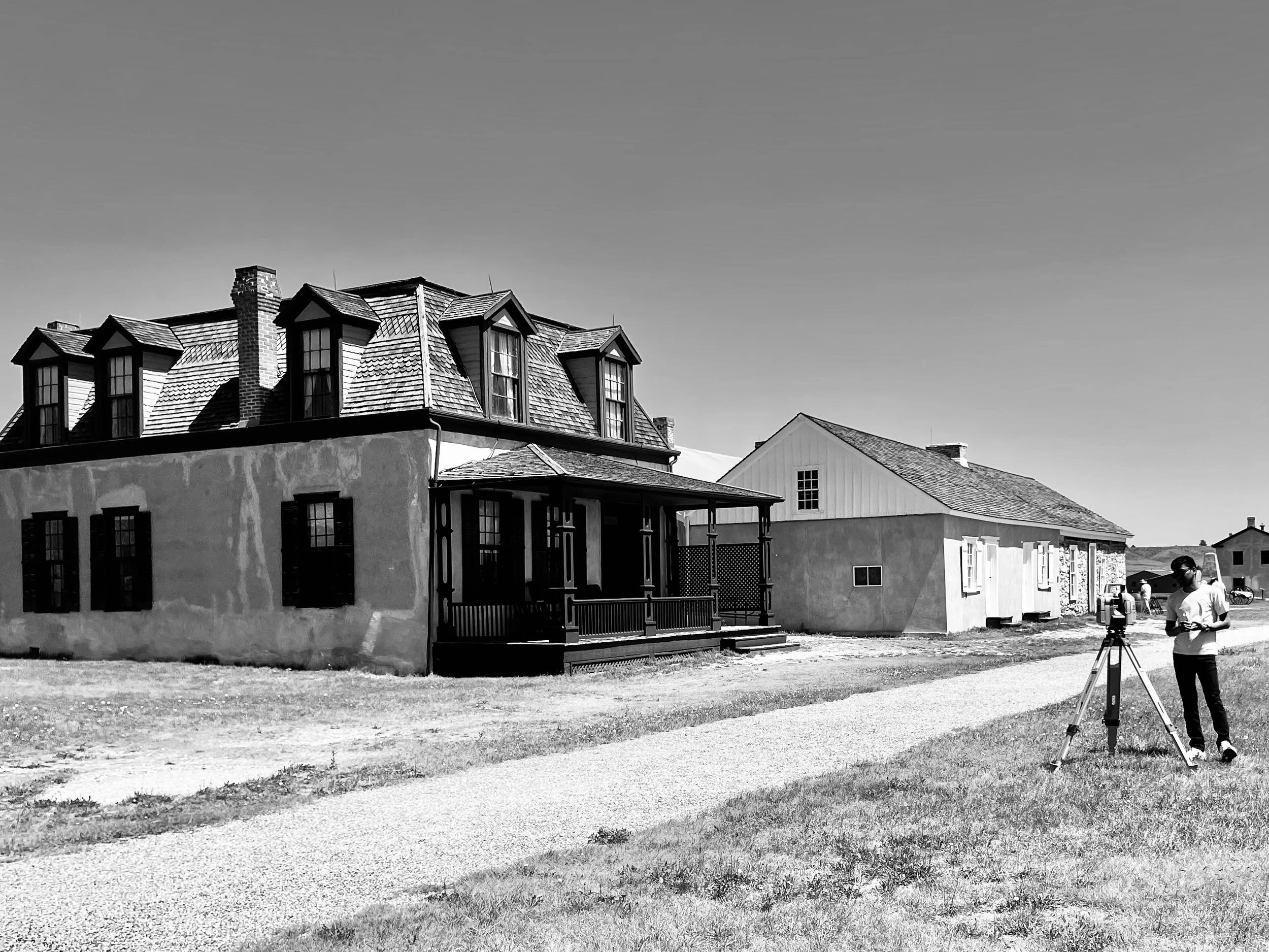 Black and white photograph of the Fort Laramie digital documenting trip