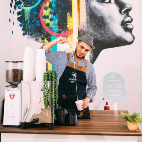 Event-ready cappuccino cart with fresh coffee, steamed milk, and guest-friendly drink options.