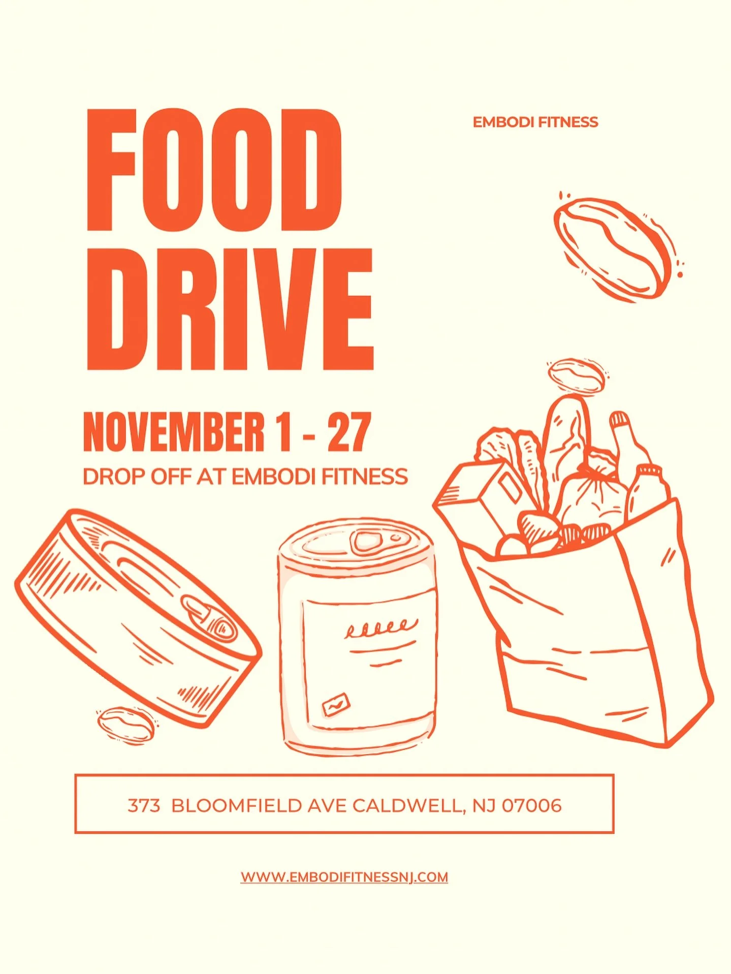 Our 3rd Annual EMBODI Food Drive is live.

We&rsquo;re collecting non-perishables all month long to support families in need &mdash; and we&rsquo;re calling on our community to step up. Bring a bag. Bring a friend. Make it count.

🗓 Nov 1&ndash;27
?