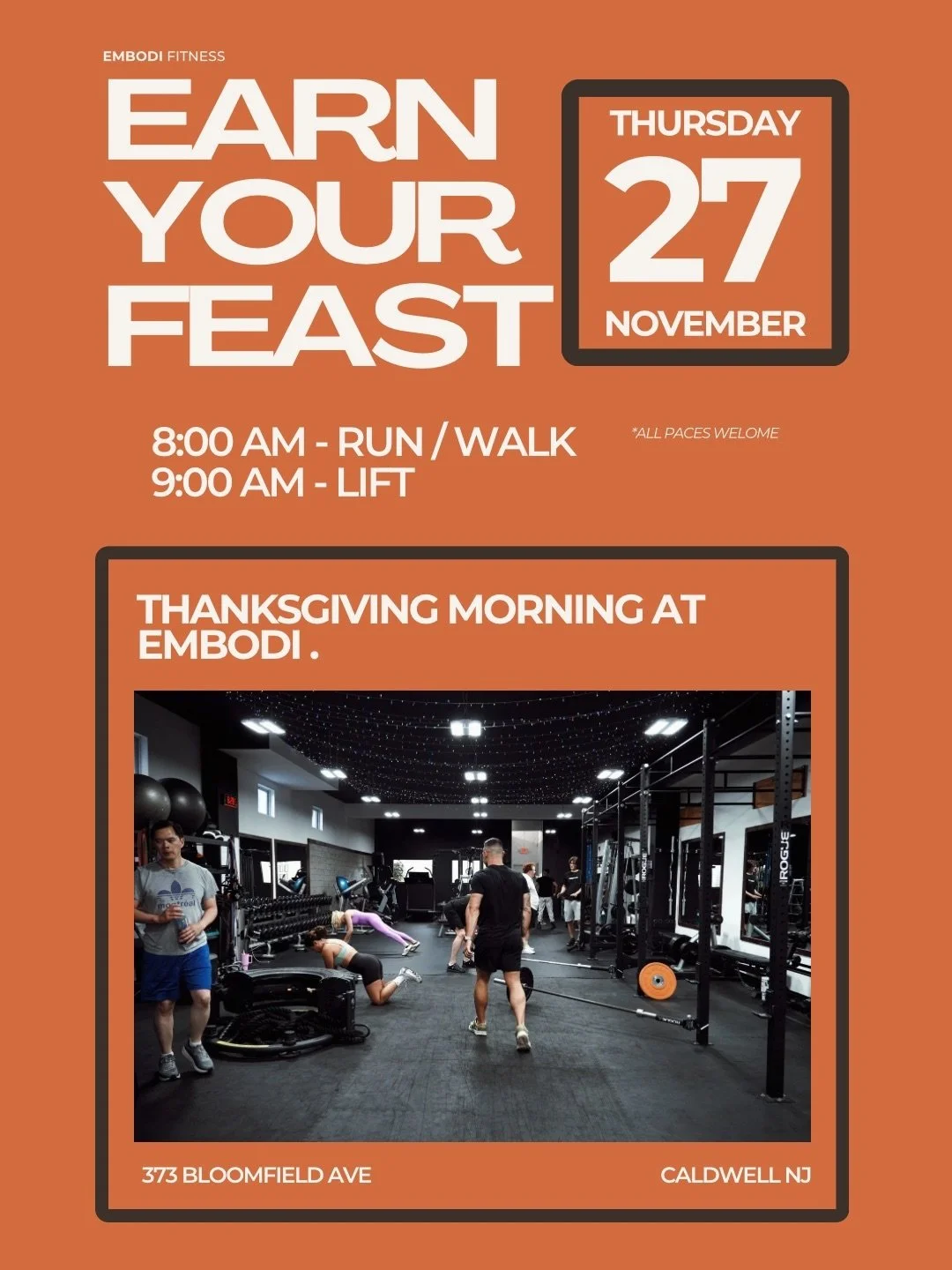 THIS WEEK &mdash;Thanksgiving morning at EMBODI 🦃

Before the plates. Before the feast. 
🦃 8AM Run
🏋️ 9AM Lift

Join us for Earn Your Feast&mdash;a sweat-fueled start to your holiday that hits different.

Community. Grit. Gratitude.

This one&rsqu