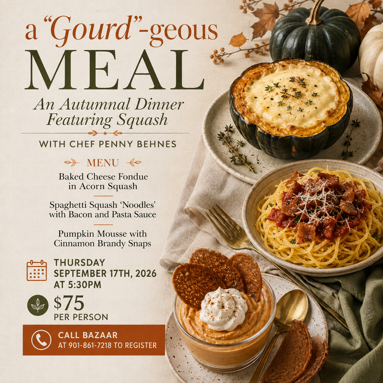 a cooking demonstration "Gourd"geous meal using autumn's best bounty; squash and pumpkins.