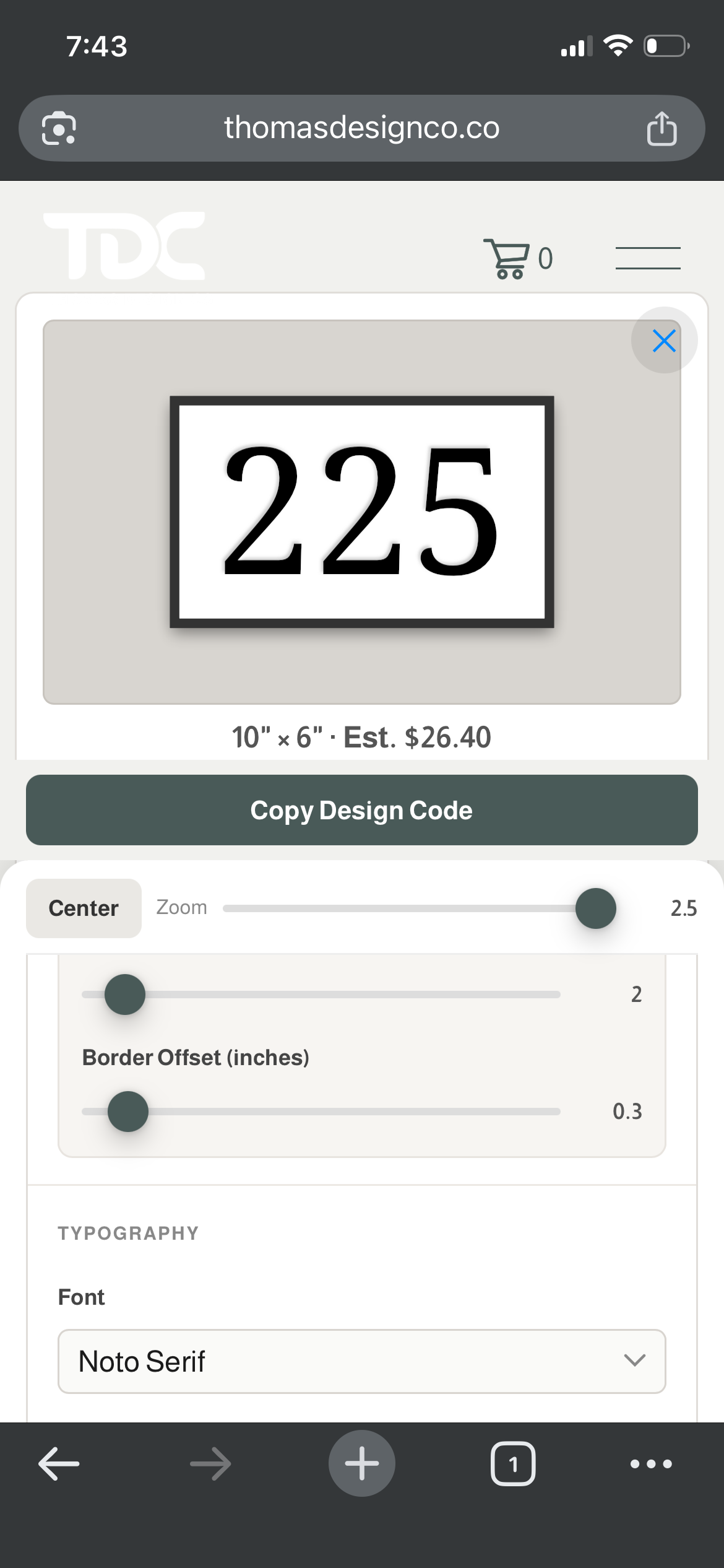 screenshot of a mobile address sign designr. Sliders are under an image of a house number sign for editing the sign..