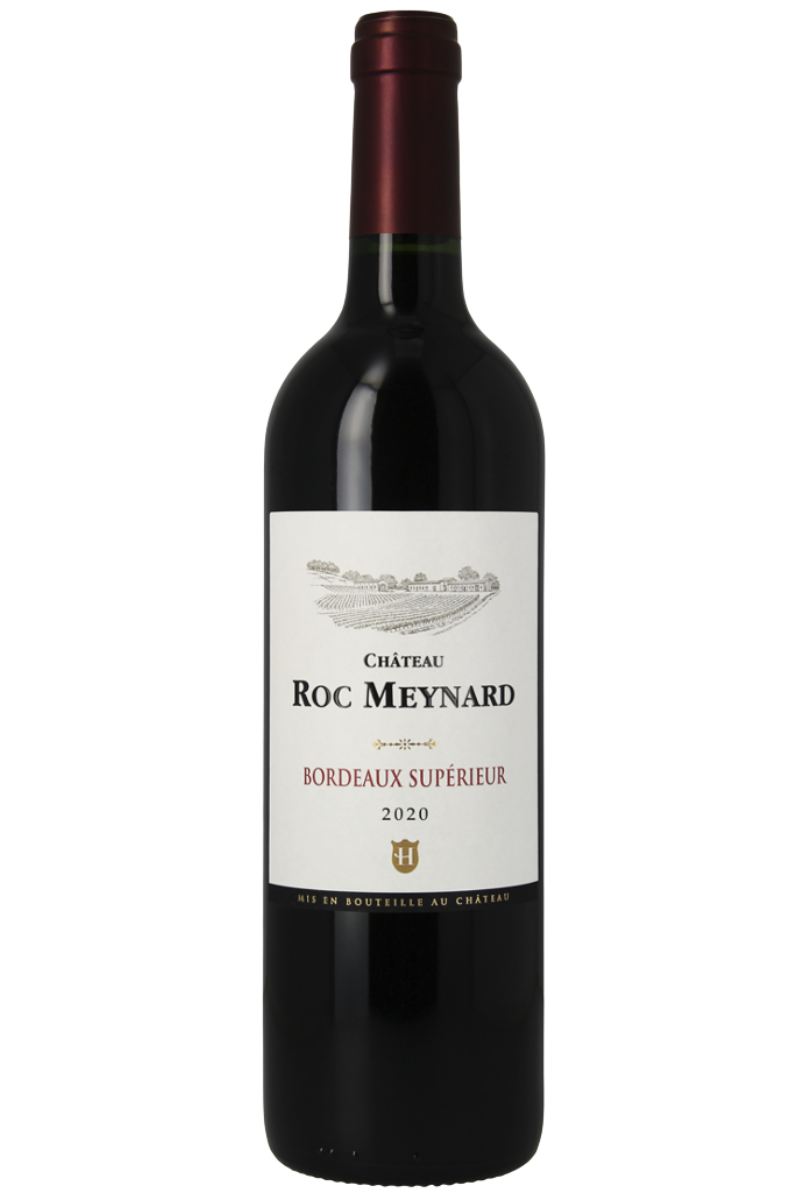 En flaska rödvin från Château Roc Meynard, Bordeaux Supérieur, år 2020.