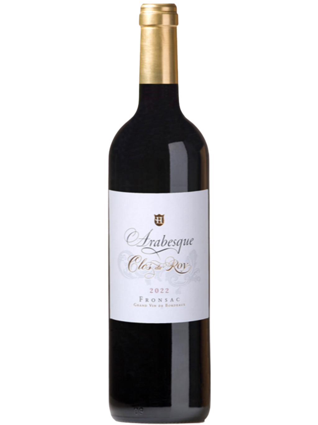 En flaska rödvin med en vit etikett som säger 'Arabesque Clos Royal 2022 Fronsac'.