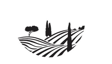 En svartvit bild av ett landskap med träd och kuperad terräng.