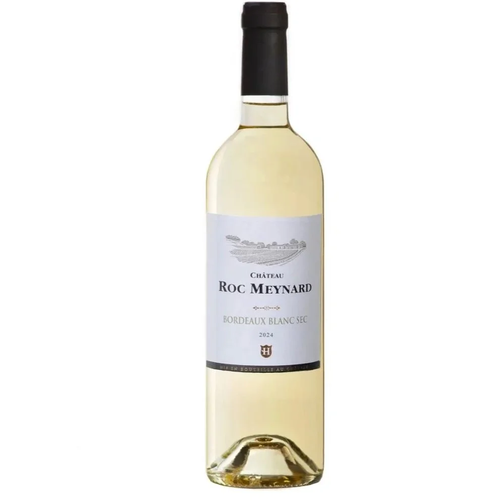 Flaska med "Château Roc Meynard Bordeaux Blanc Sec 2023" etikett, guldskruvkork.