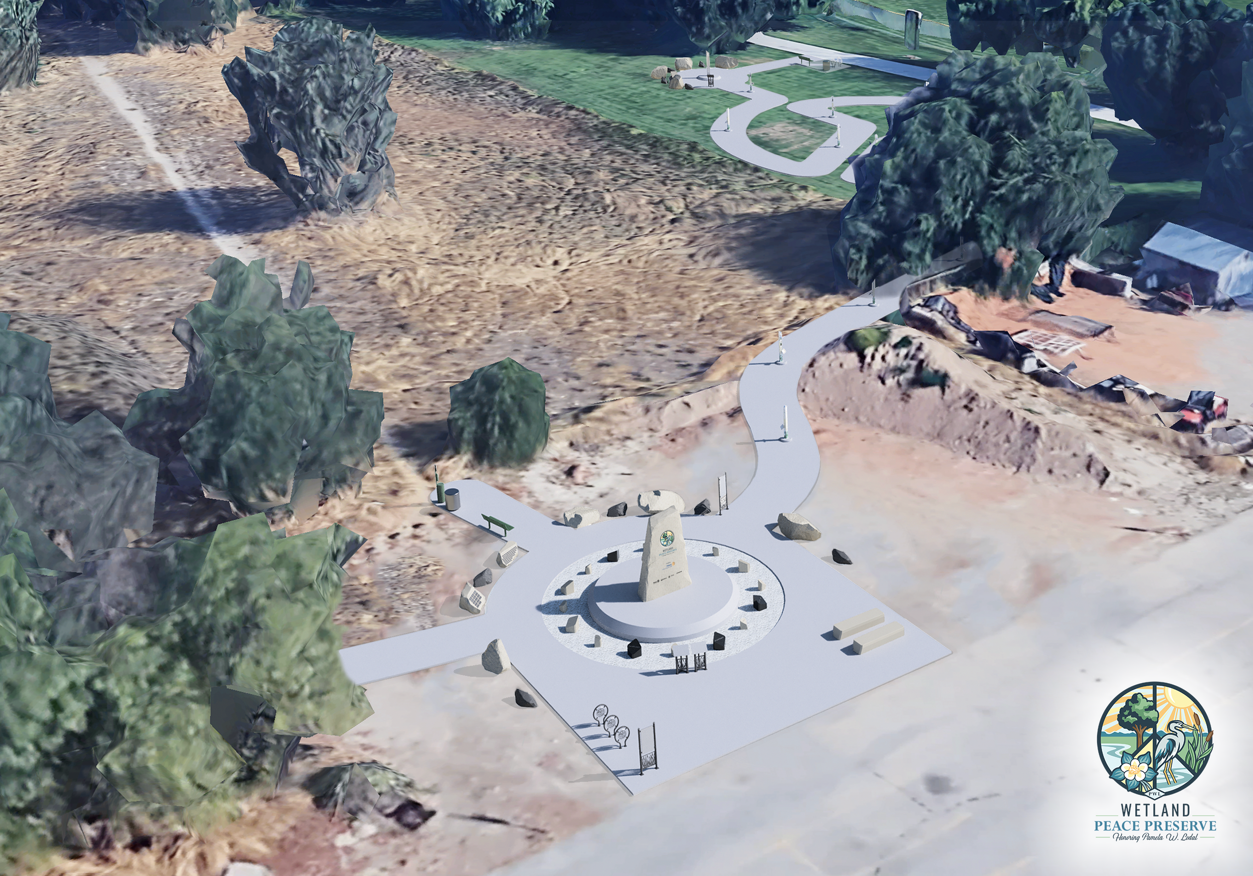 An overhead rendering of the developed corner of the WPP with the main entrance plaza in the foreground and the Peace Path.